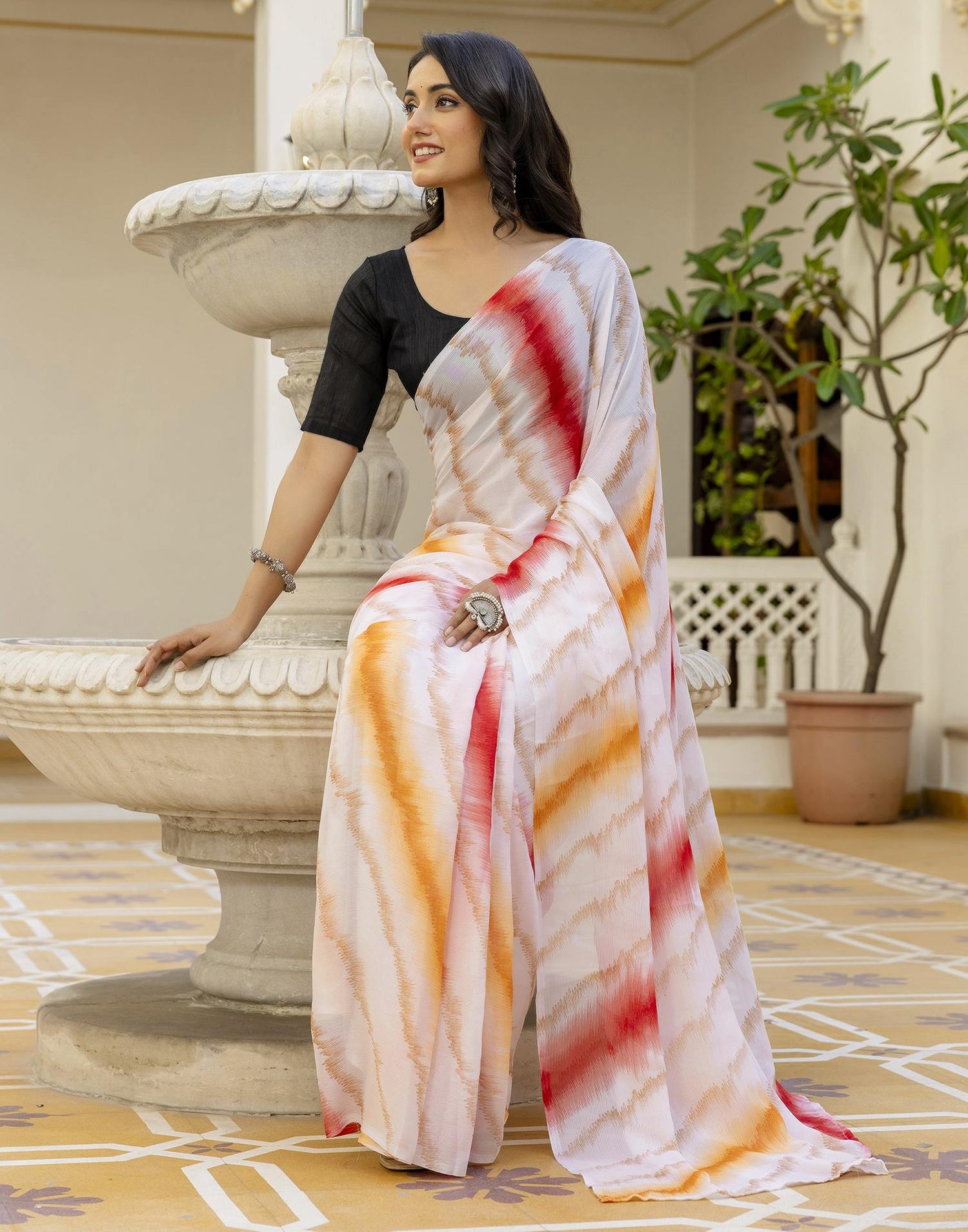 Ready To Wear White Georgette Printed Saree