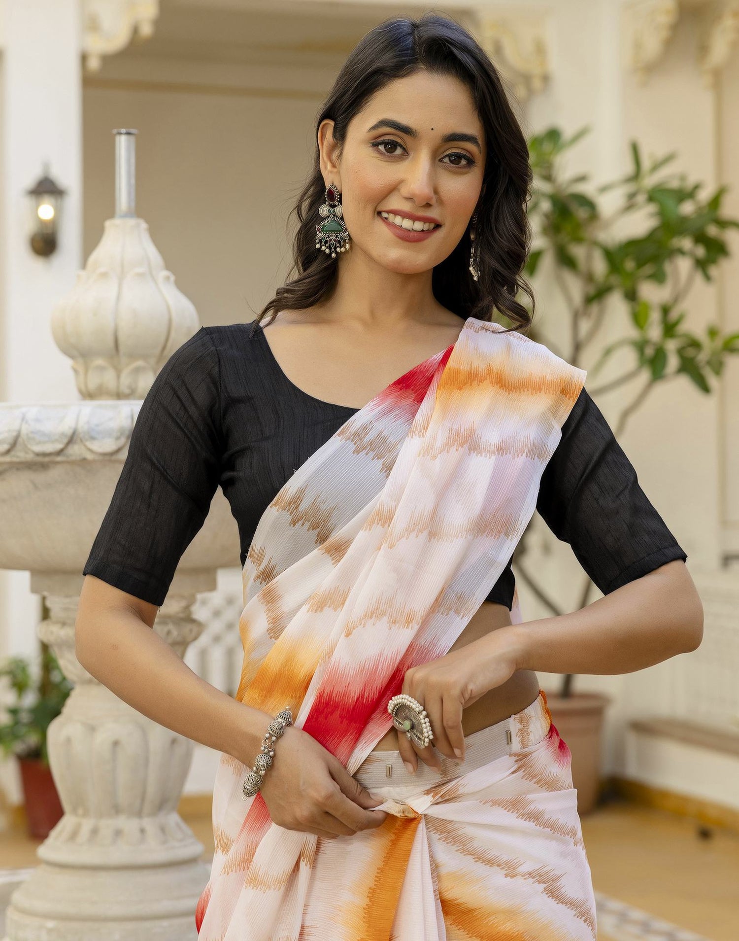 Ready To Wear White Georgette Printed Saree