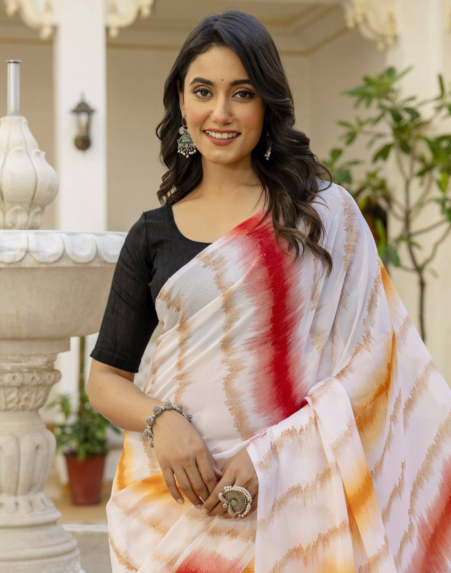 Ready To Wear White Georgette Printed Saree