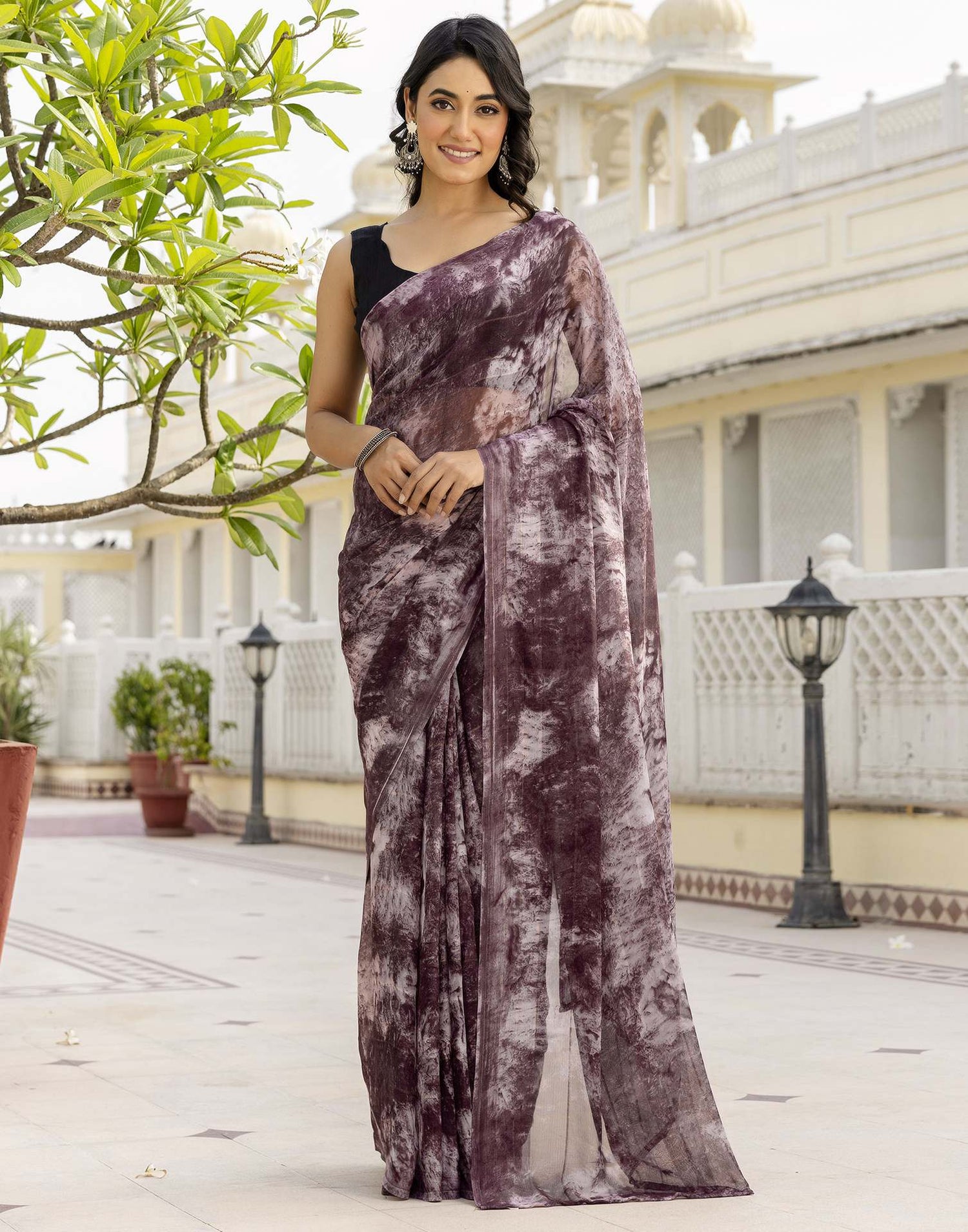 Ready To Wear Dusty Wine Georgette Printed Saree