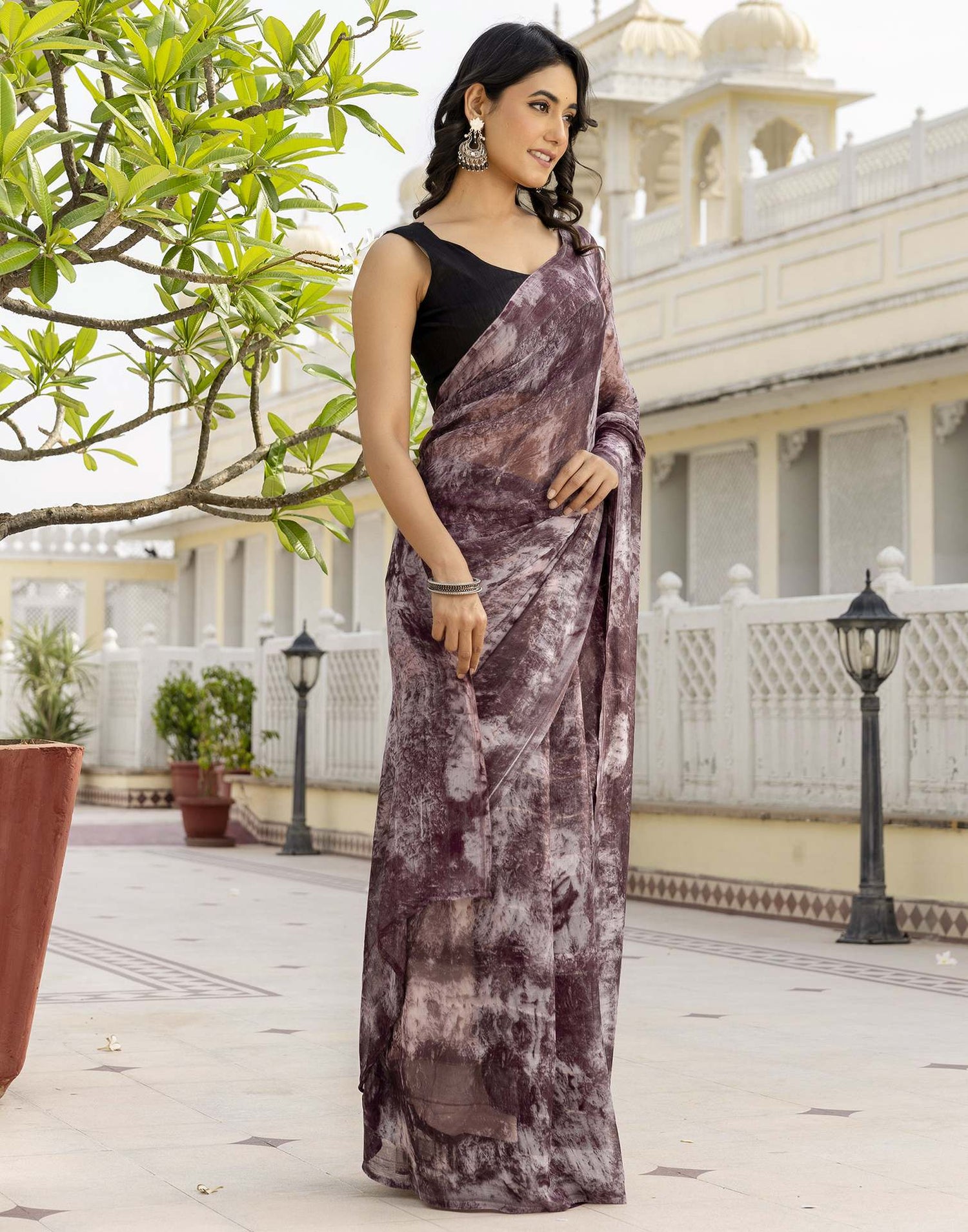 Ready To Wear Dusty Wine Georgette Printed Saree