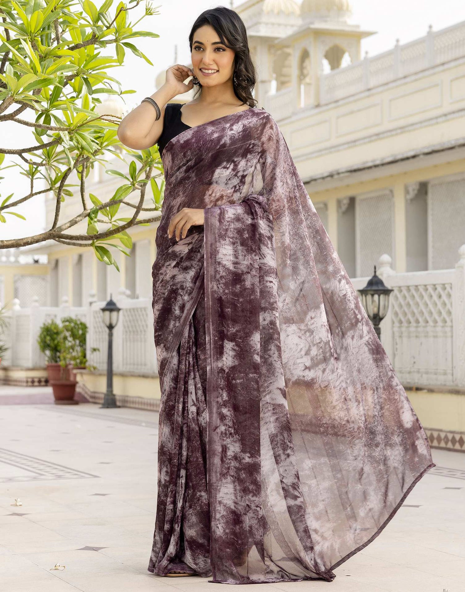 Ready To Wear Dusty Wine Georgette Printed Saree