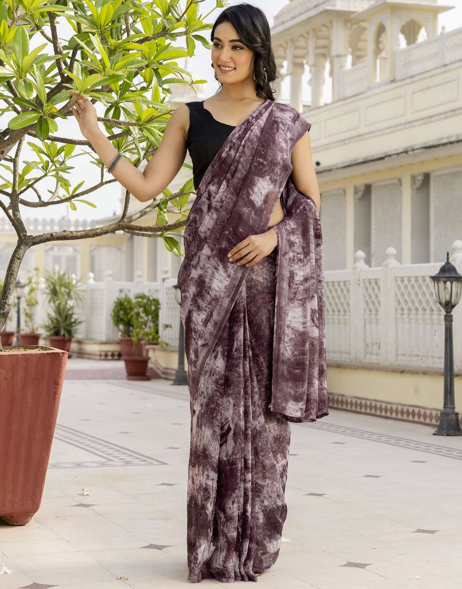 Ready To Wear Dusty Wine Georgette Printed Saree