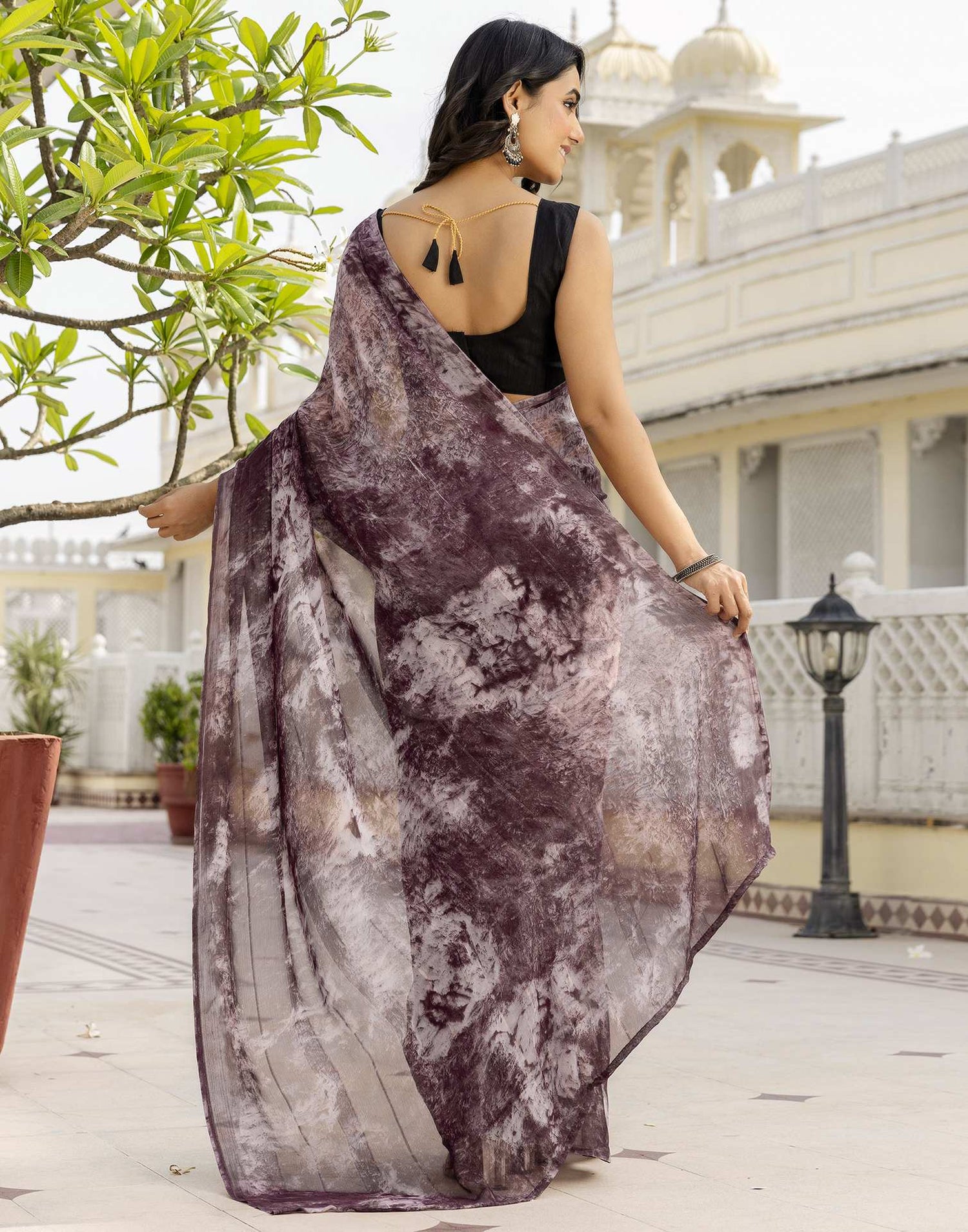 Ready To Wear Dusty Wine Georgette Printed Saree