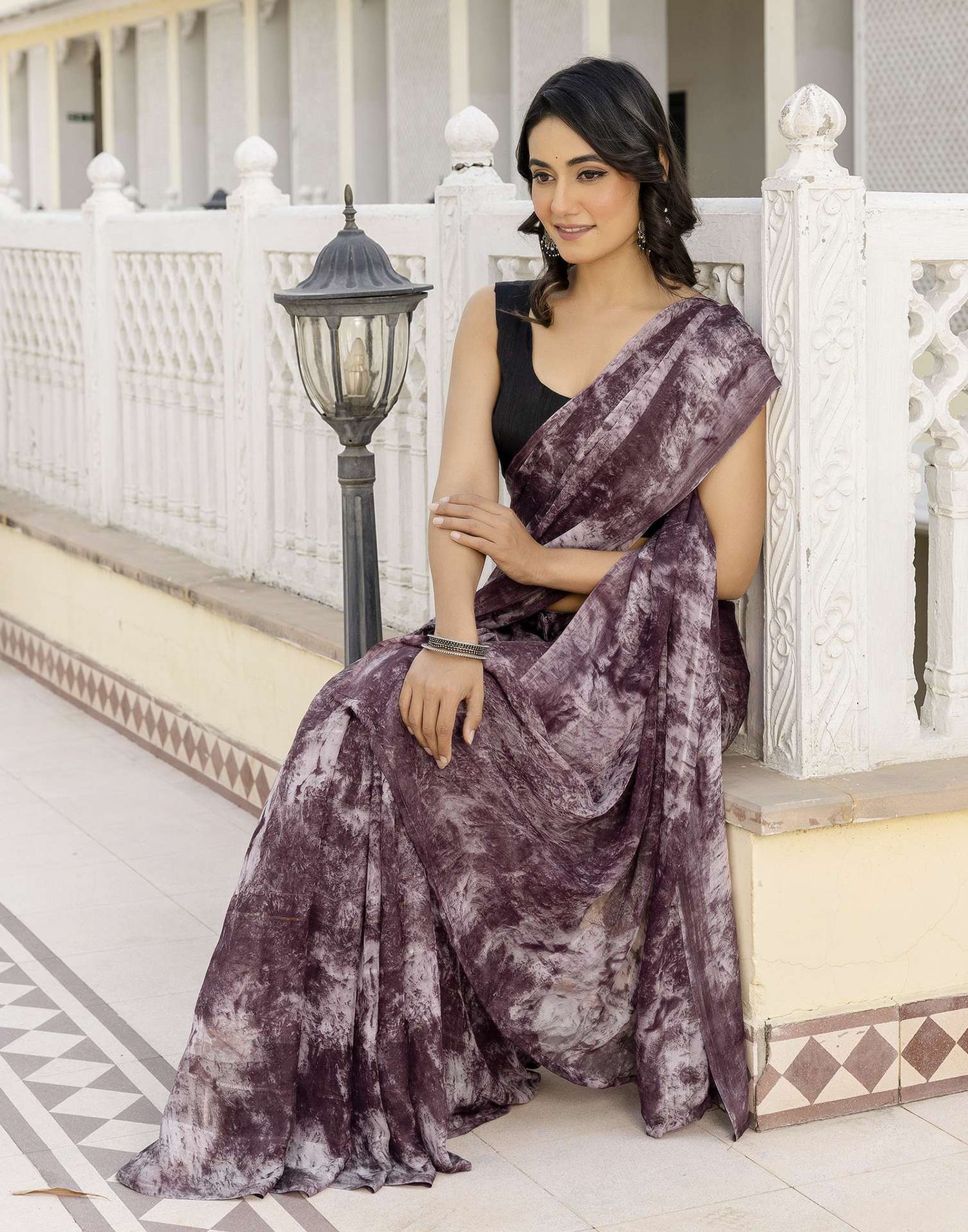 Ready To Wear Dusty Wine Georgette Printed Saree