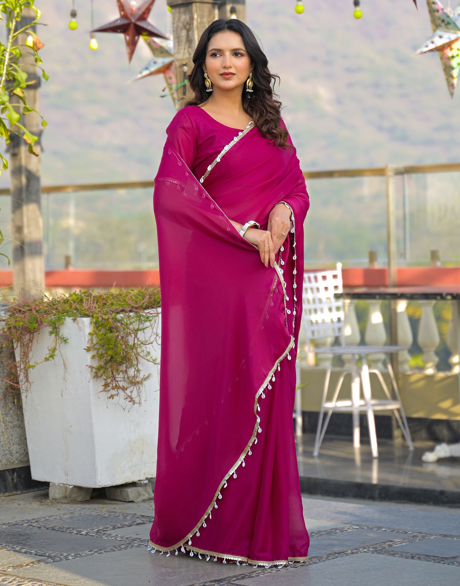 Rani Pink Shimmer Lace Saree