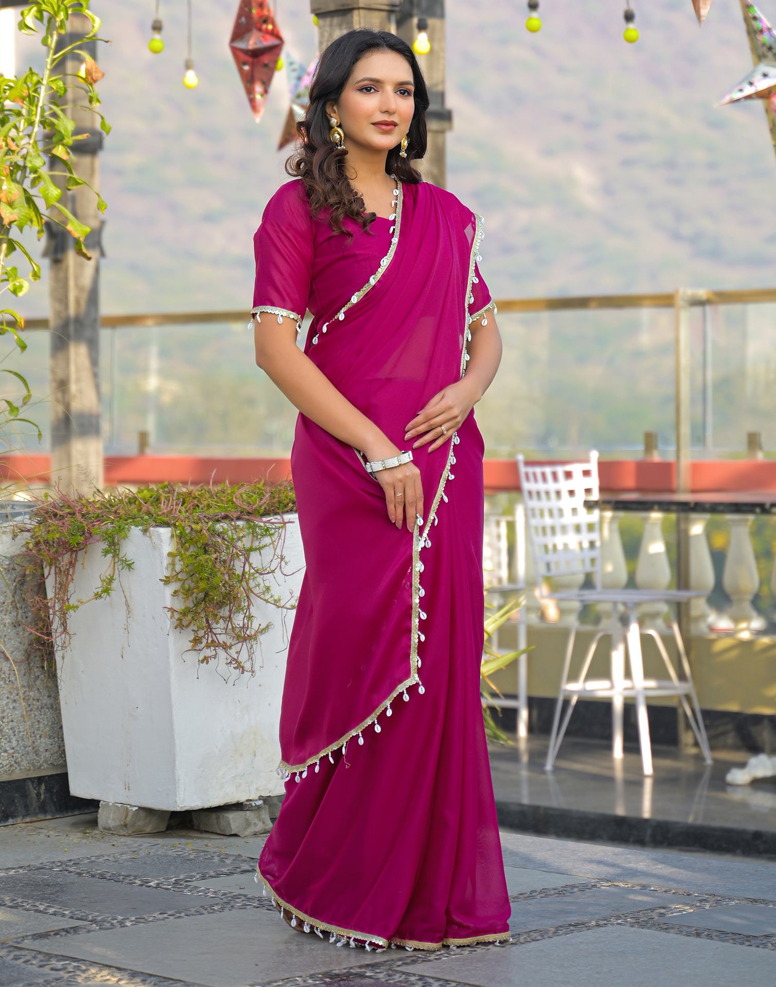 Rani Pink Shimmer Lace Saree