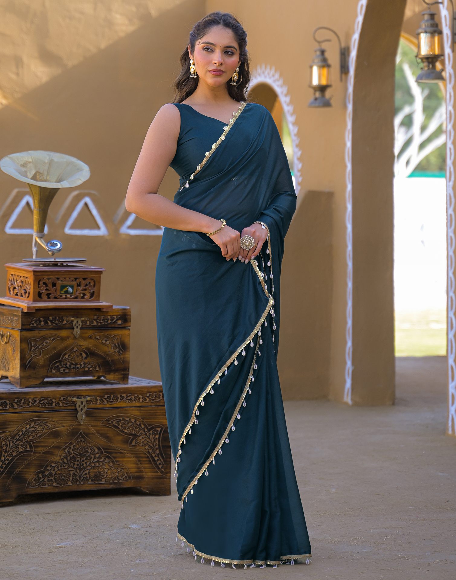 Rama Blue Shimmer Lace Saree