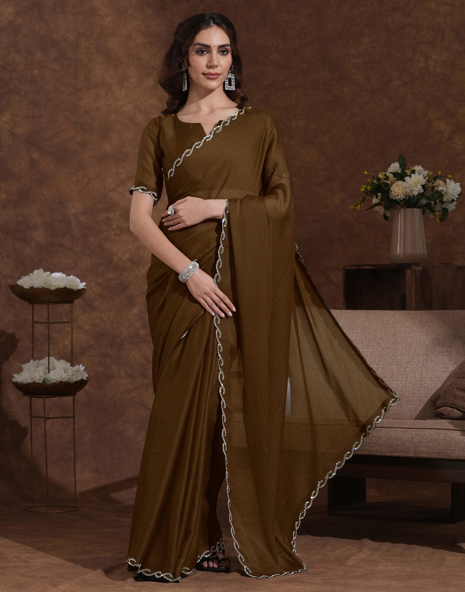 Coffee Brown Chiffon Stone Work Embellished Saree
