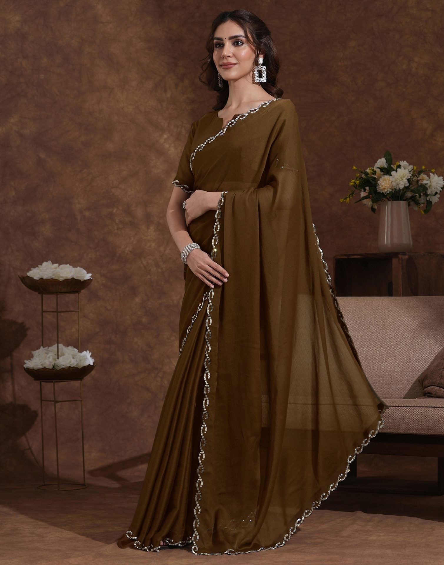 Coffee Brown Chiffon Stone Work Embellished Saree