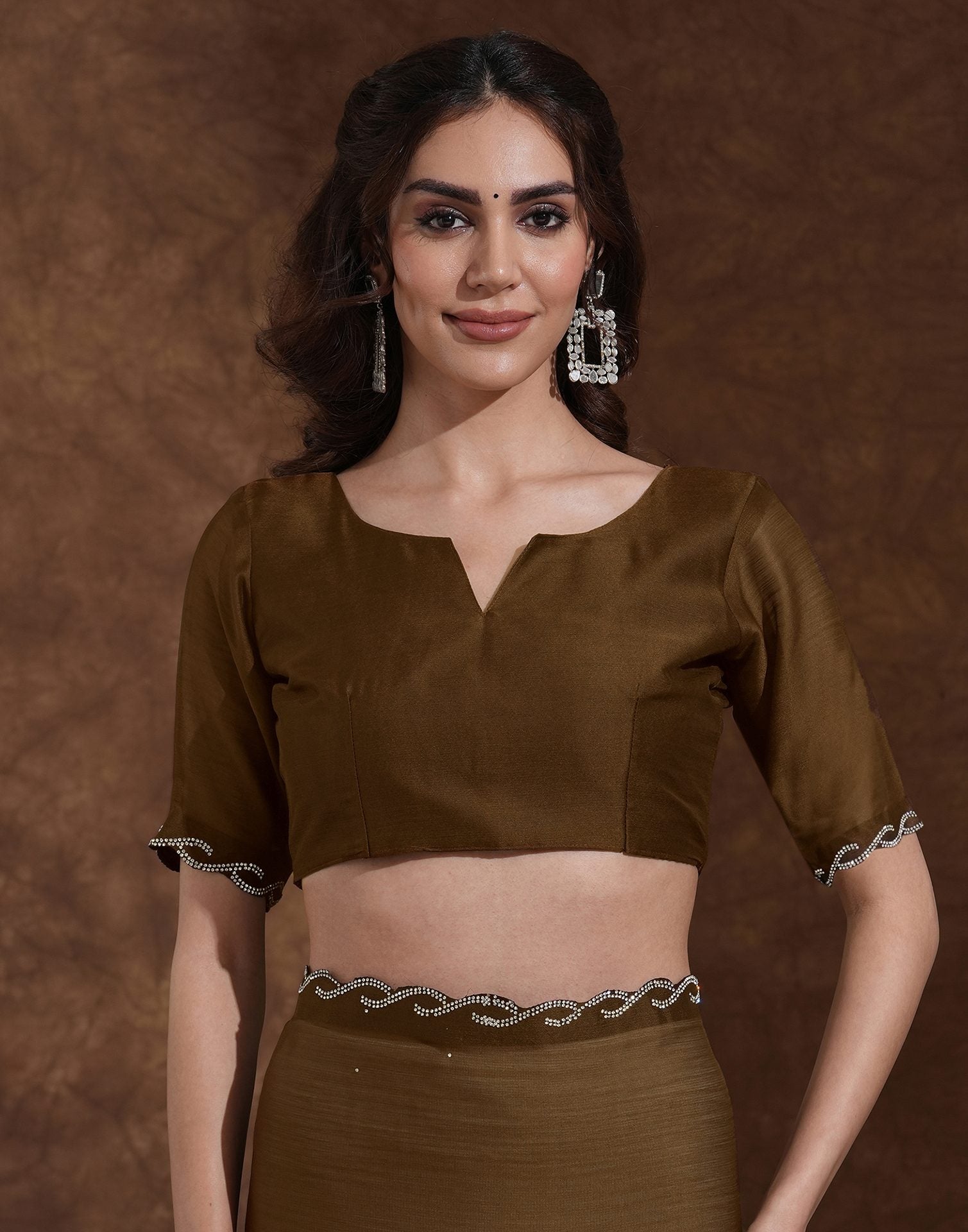 Coffee Brown Chiffon Stone Work Embellished Saree