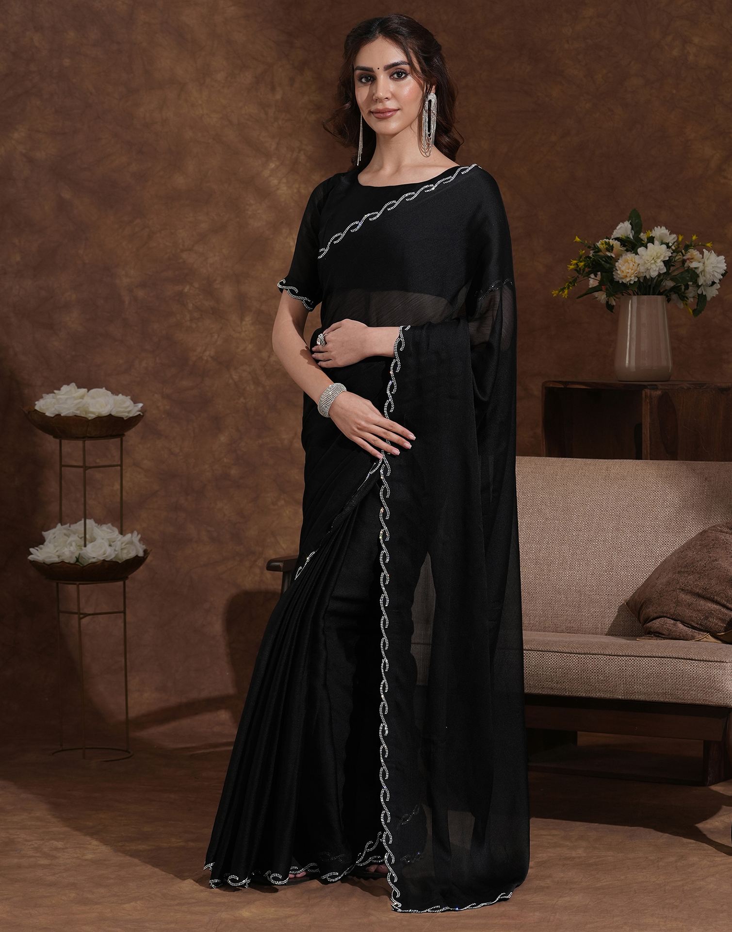 Black Chiffon Stone Work Embellished Saree