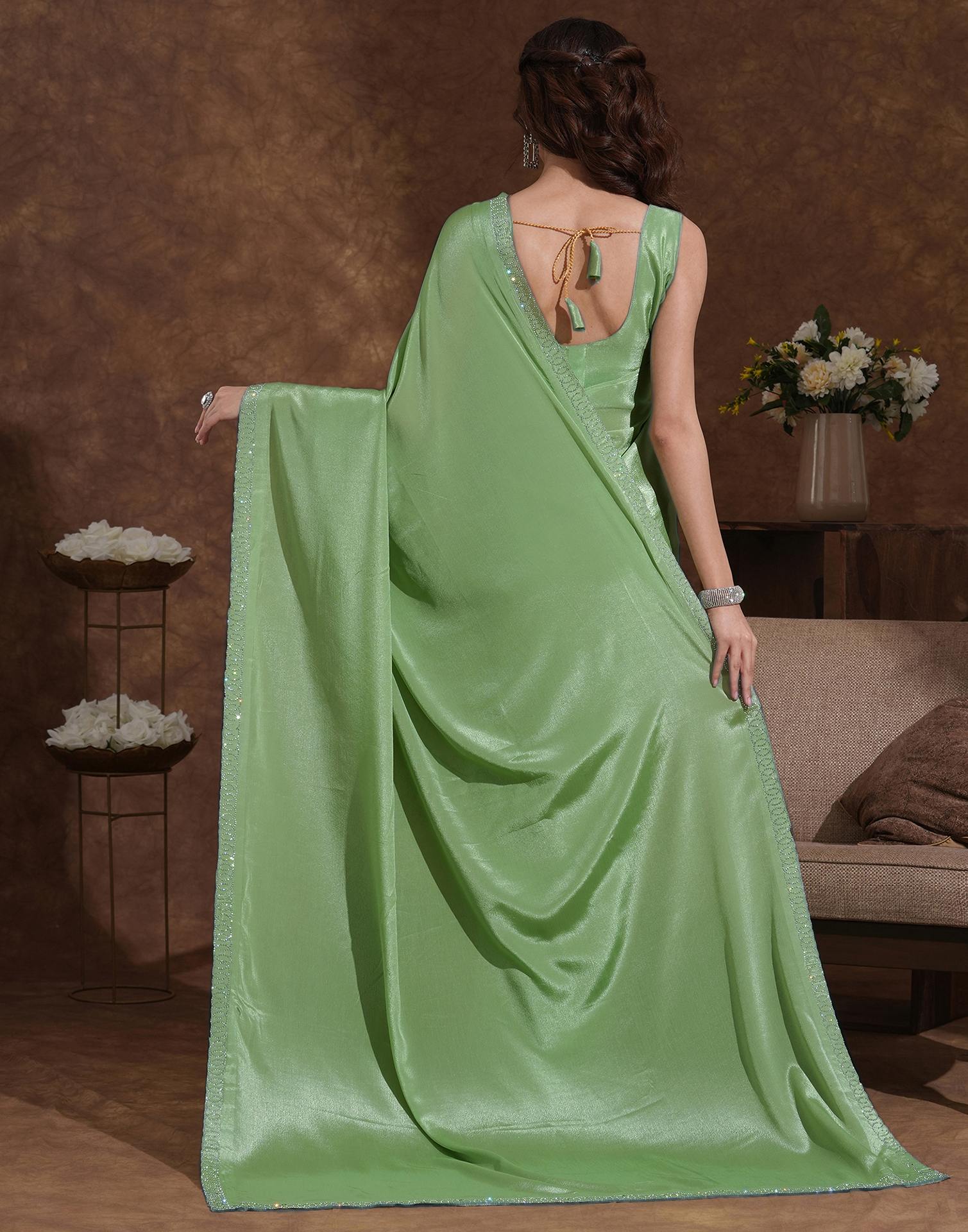 Pista Green Chiffon Stone Work Embellished Saree