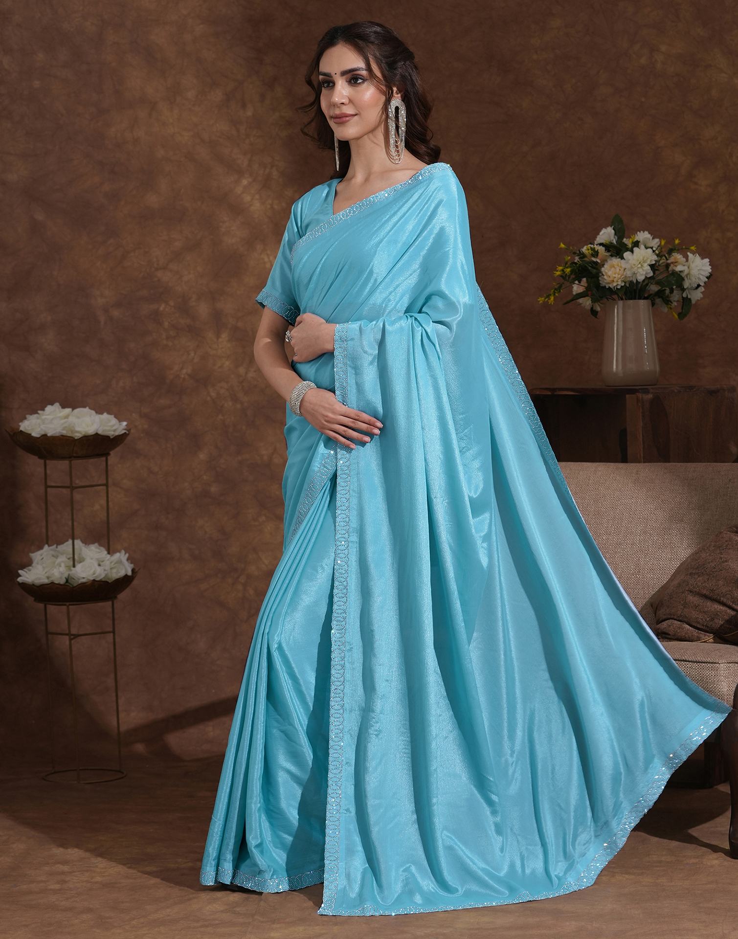 Sky Blue Chiffon Stone Work Embellished Saree