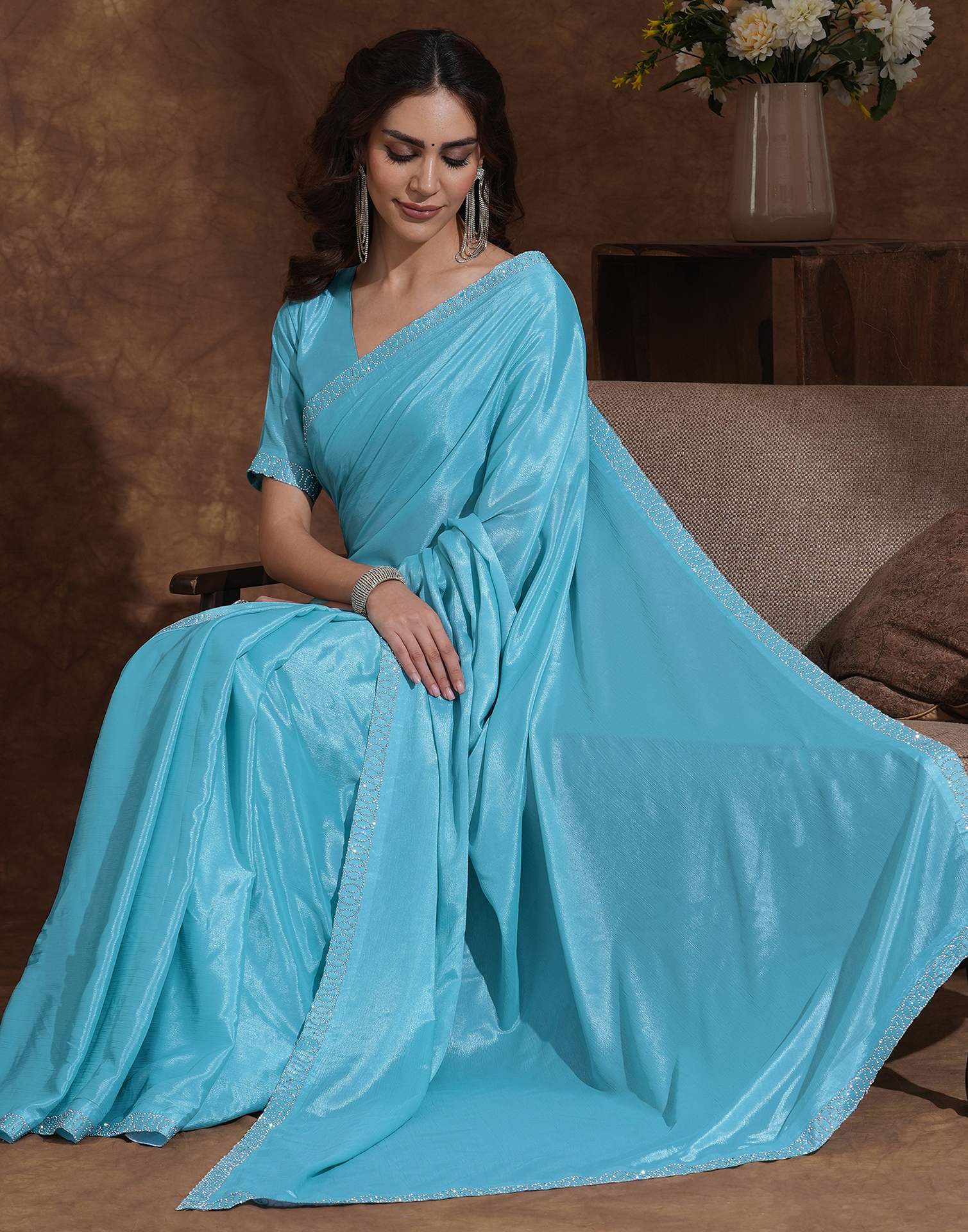 Sky Blue Chiffon Stone Work Embellished Saree