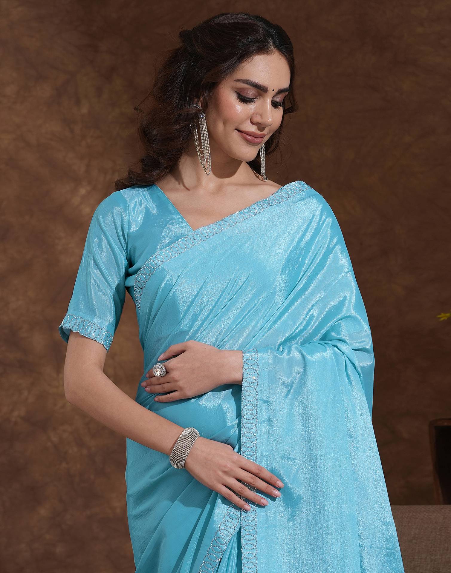 Sky Blue Chiffon Stone Work Embellished Saree