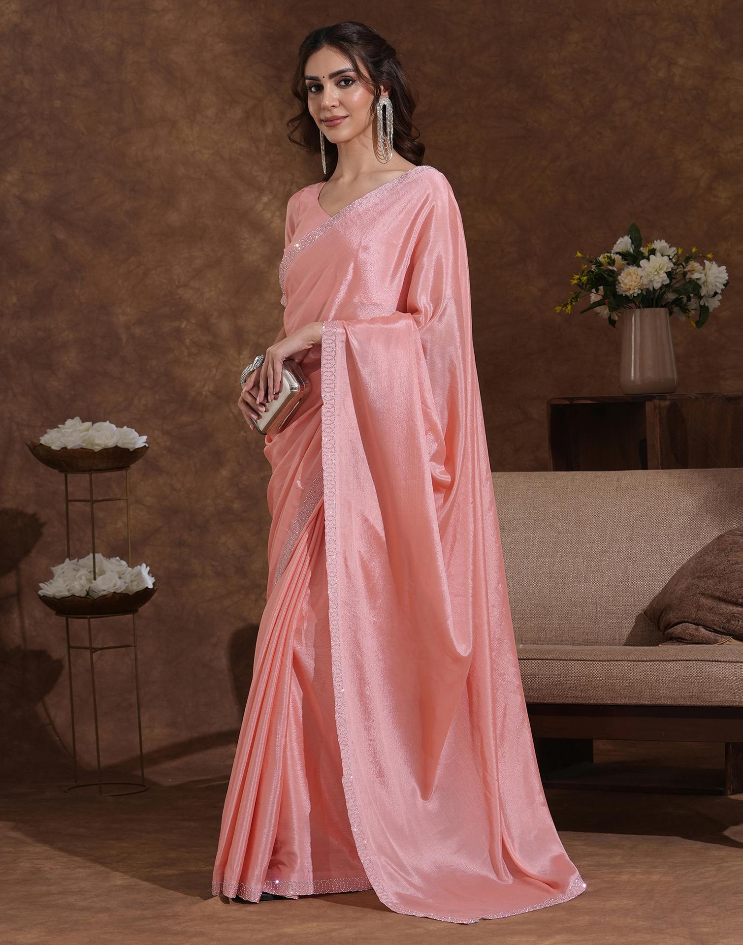 Light Peach Chiffon Stone Work Embellished Saree