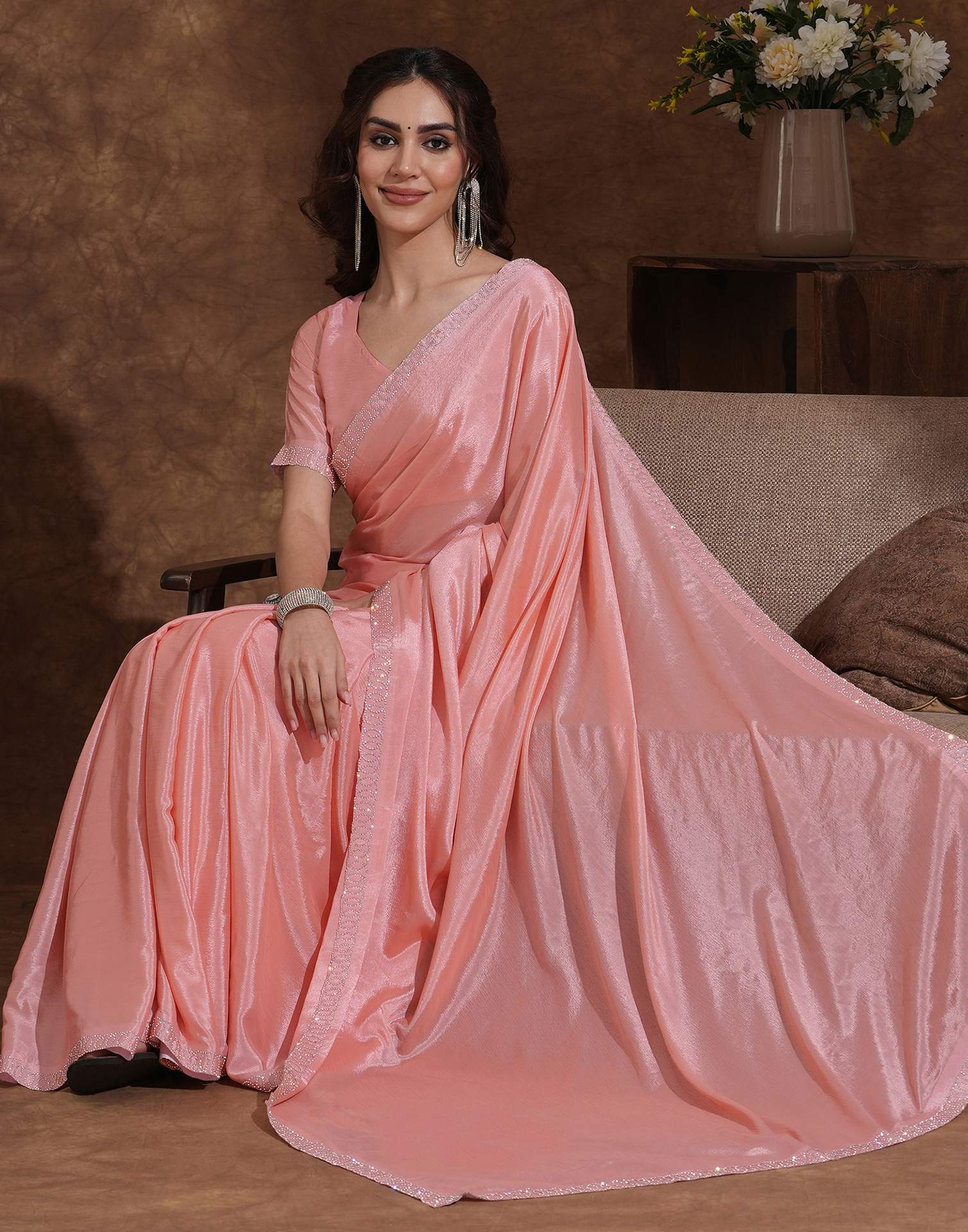Light Peach Chiffon Stone Work Embellished Saree
