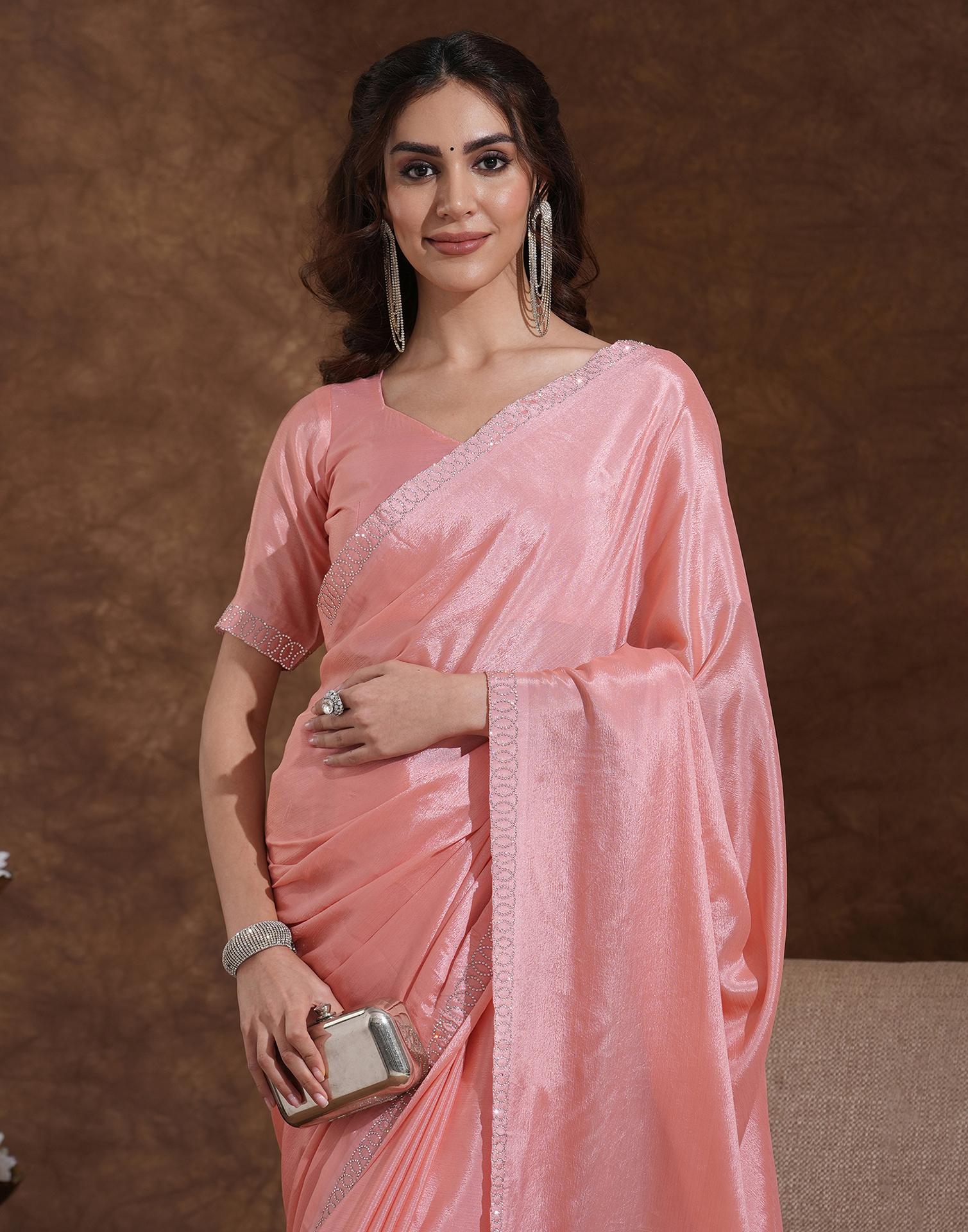 Light Peach Chiffon Stone Work Embellished Saree