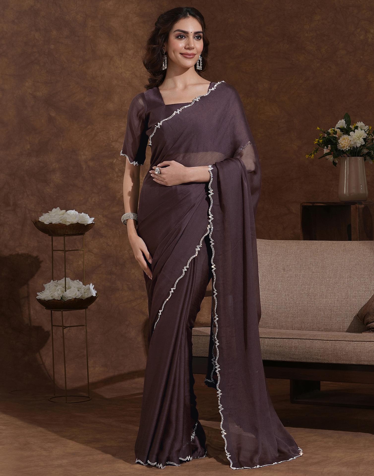Brown Chiffon Stone Work Swarovski Saree