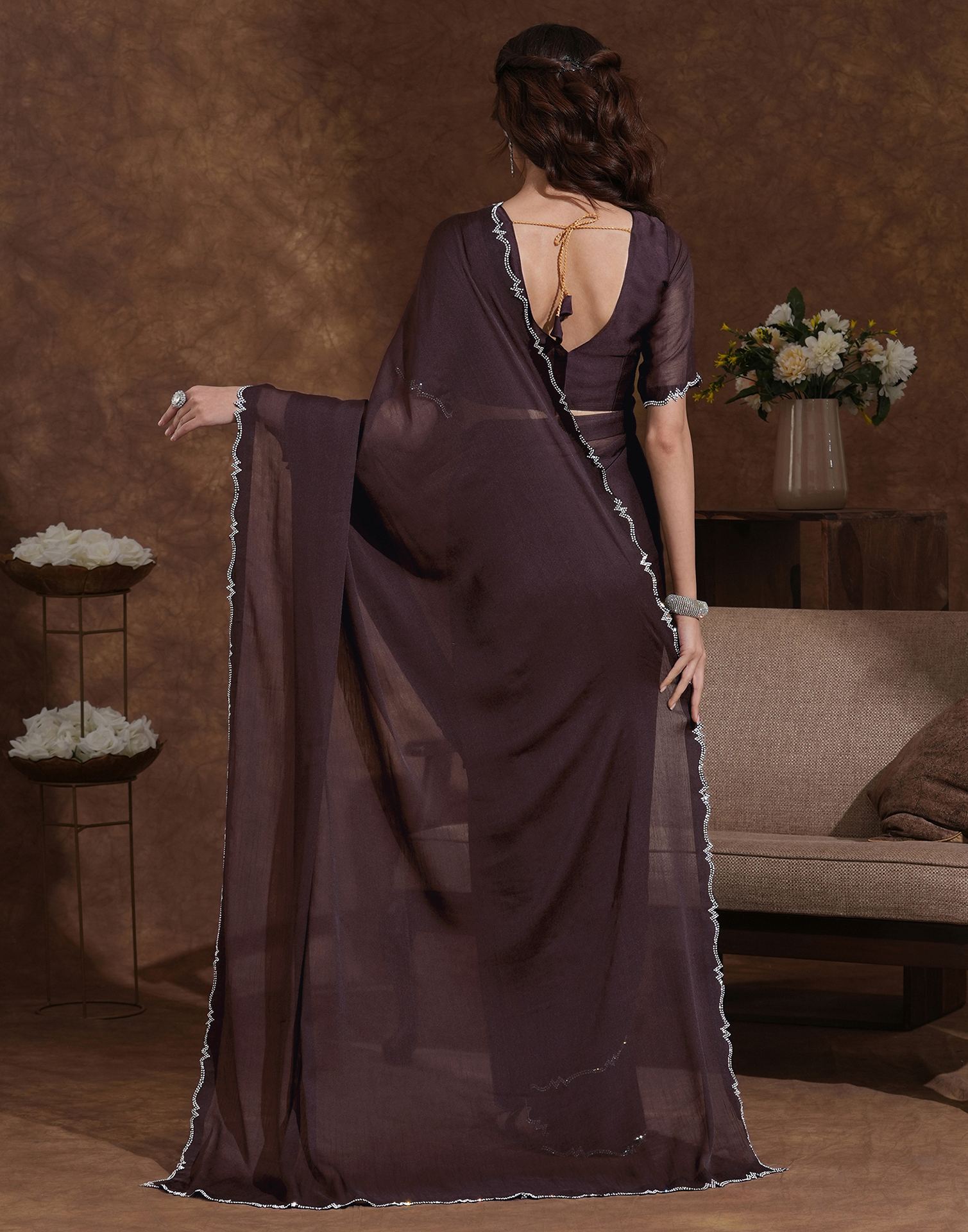 Brown Chiffon Stone Work Swarovski Saree