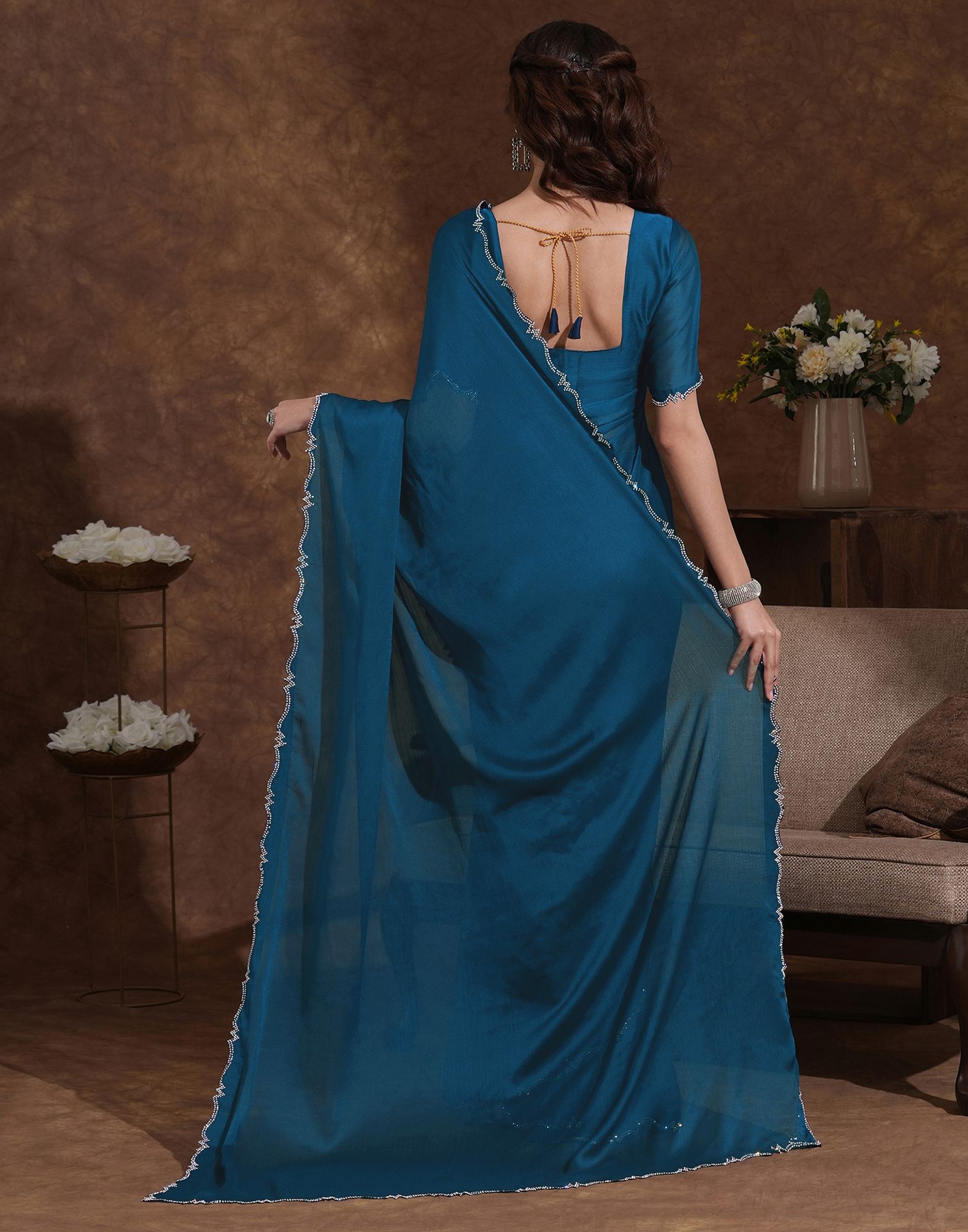 Rama Blue Chiffon Stone Work Swarovski Saree