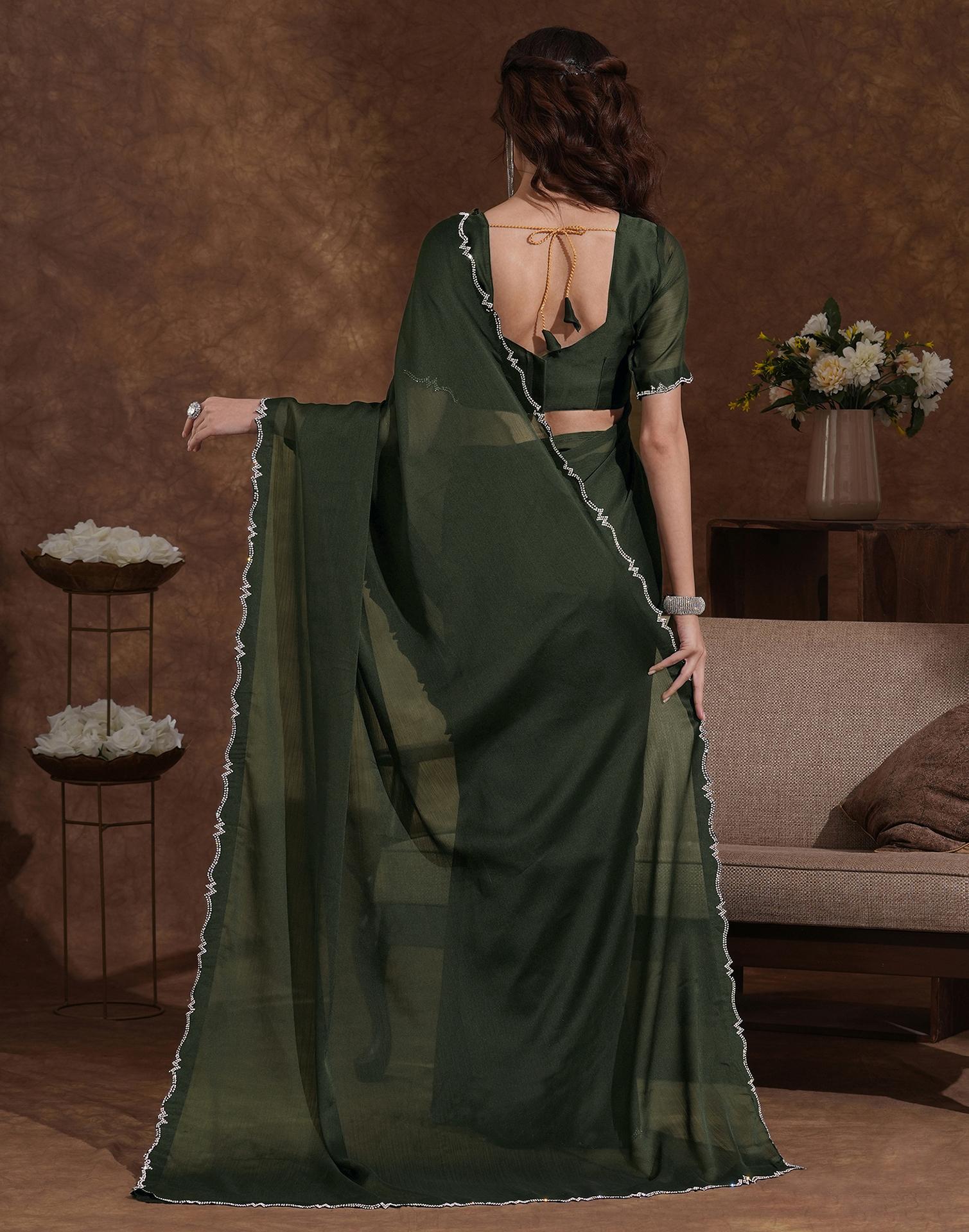 Bottle Green Chiffon Stone Work Swarovski Saree