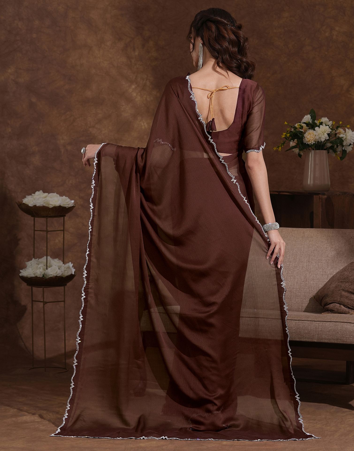 Coffee Brown Chiffon Stone Work Swarovski Saree