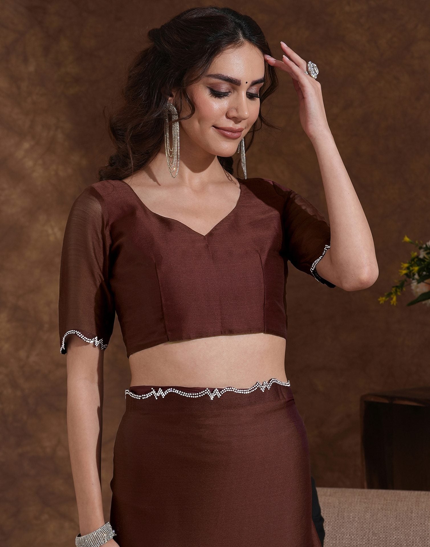 Coffee Brown Chiffon Stone Work Swarovski Saree
