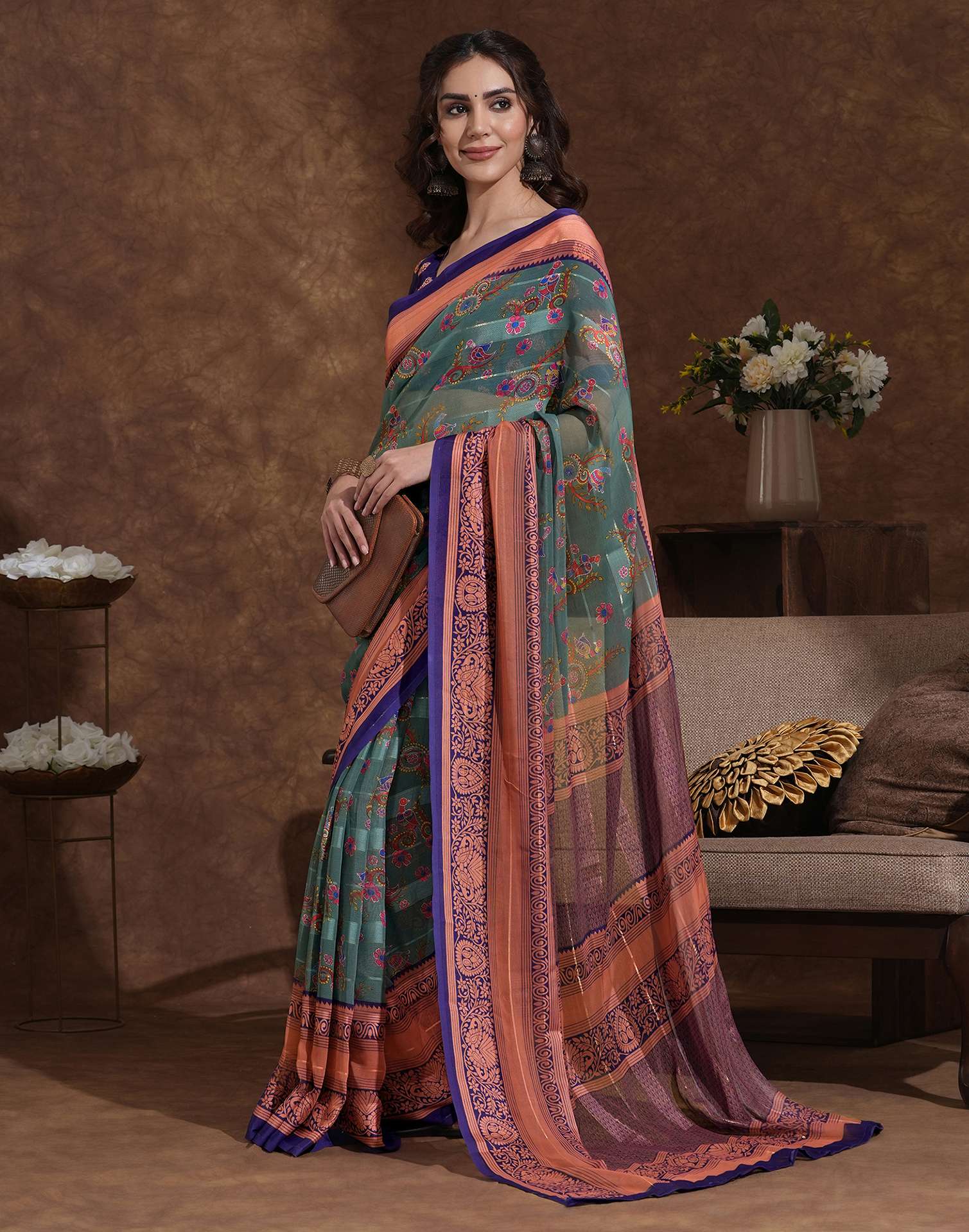 Dusty Teal Green Georgette Woven Printed Saree