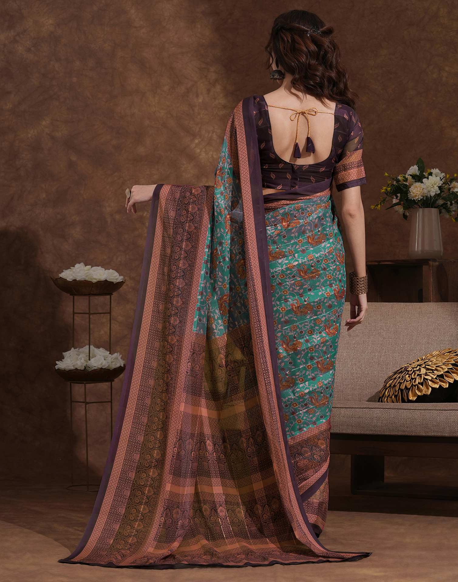 Light Green Georgette Woven Printed Saree