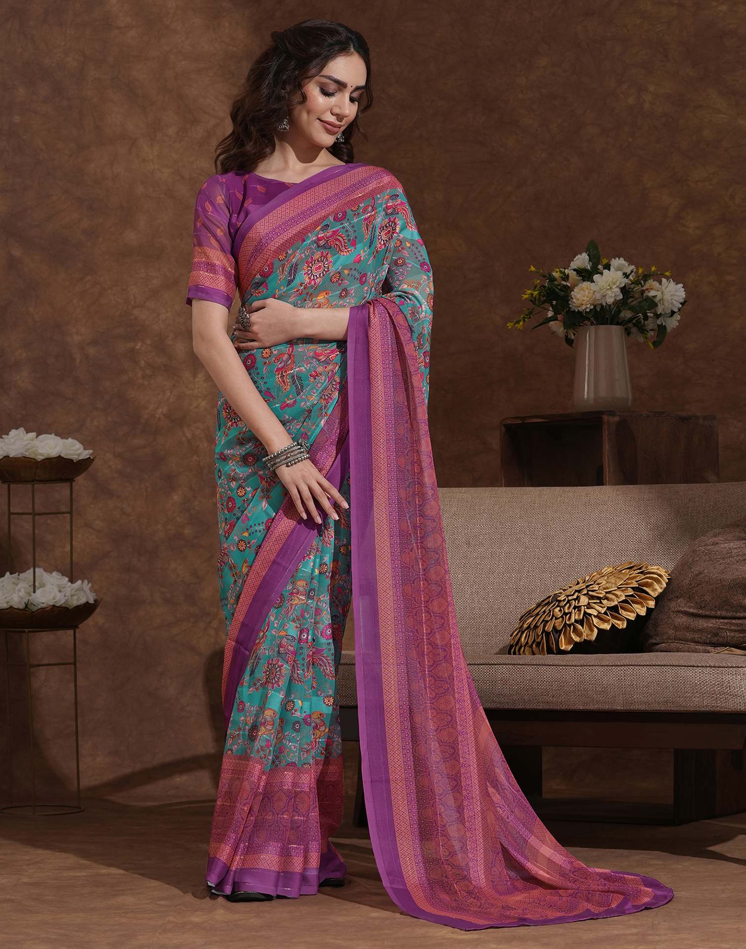 Dusty Teal Blue Georgette Woven Printed Saree