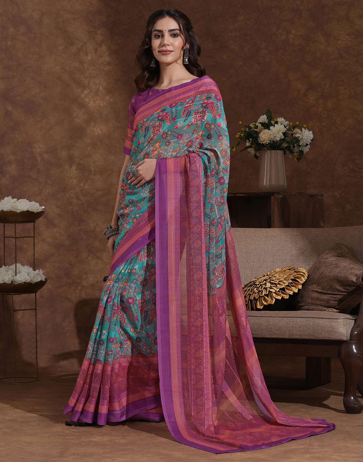 Dusty Teal Blue Georgette Woven Printed Saree