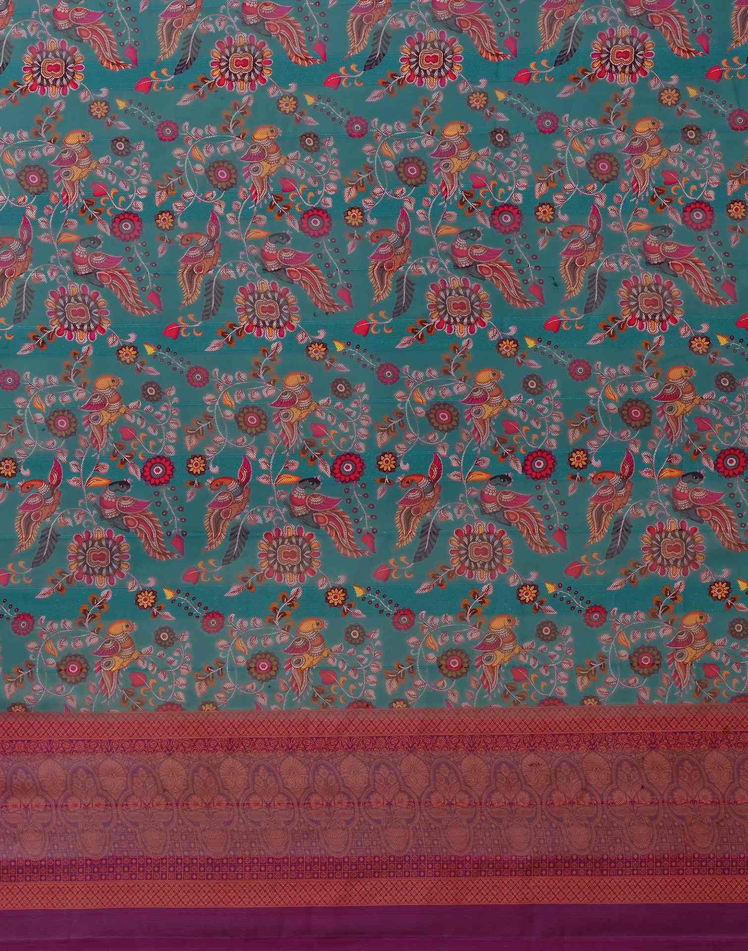 Dusty Teal Blue Georgette Woven Printed Saree