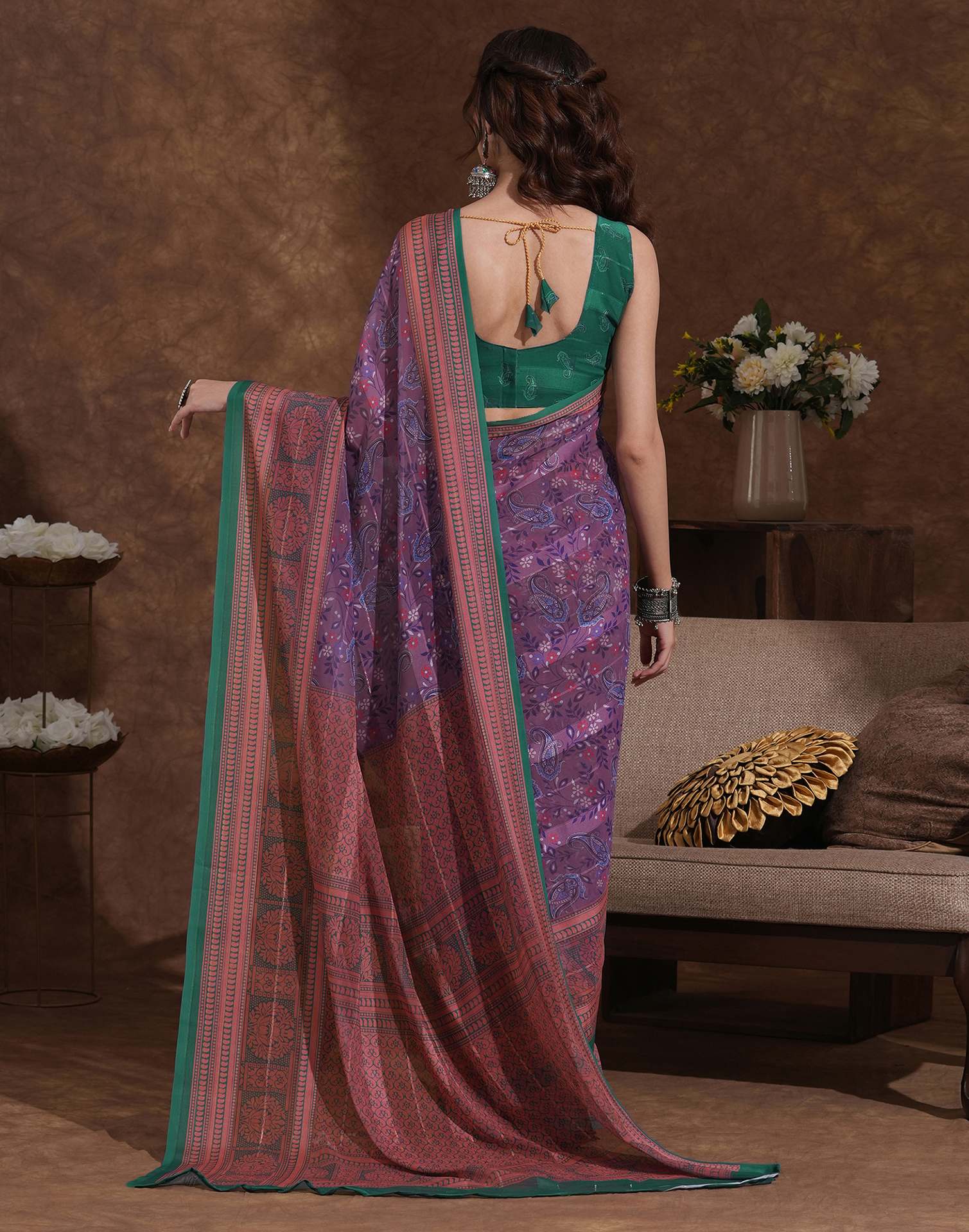 Dusty Purple Georgette Woven Printed Saree