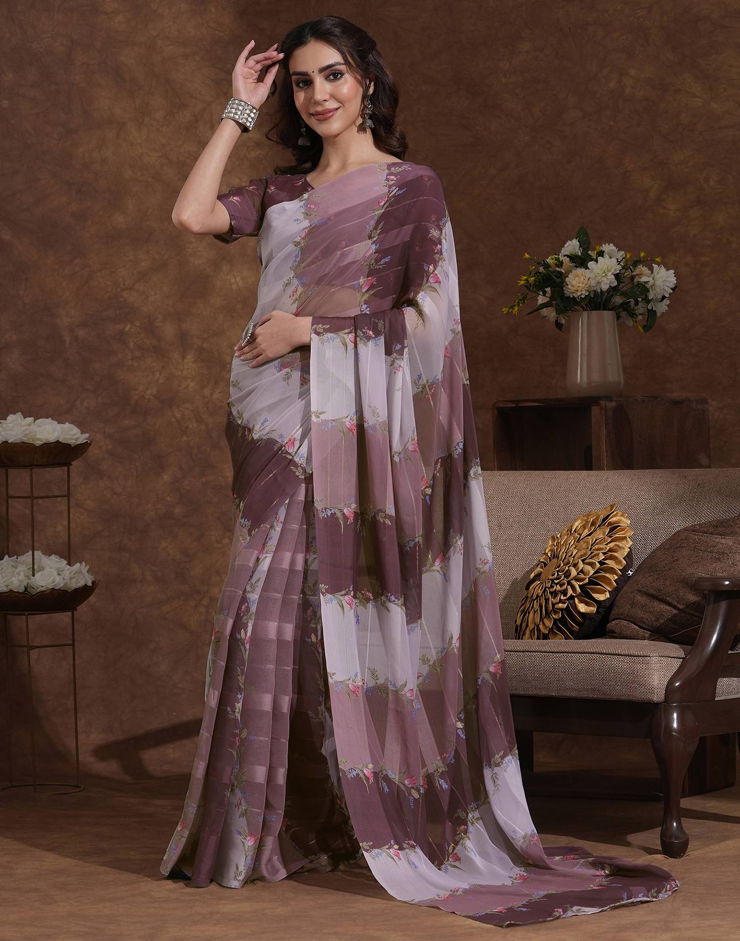 Mauve Georgette Woven Printed Saree