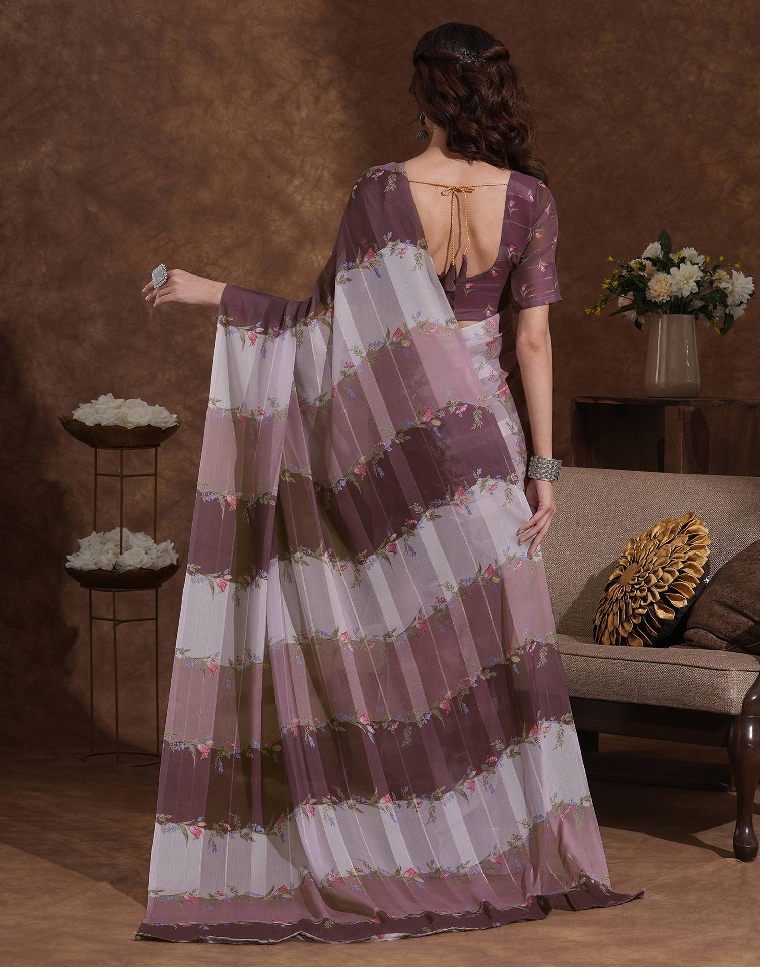 Mauve Georgette Woven Printed Saree