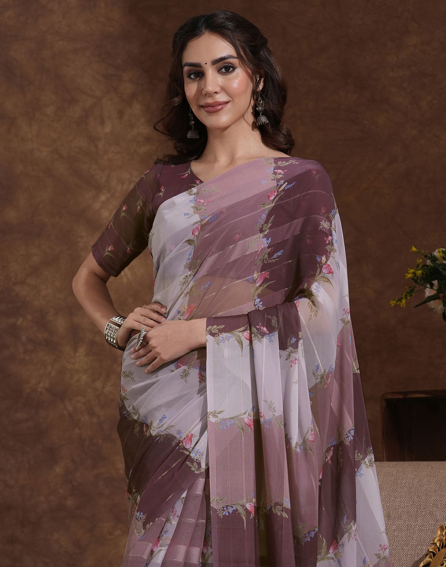 Mauve Georgette Woven Printed Saree