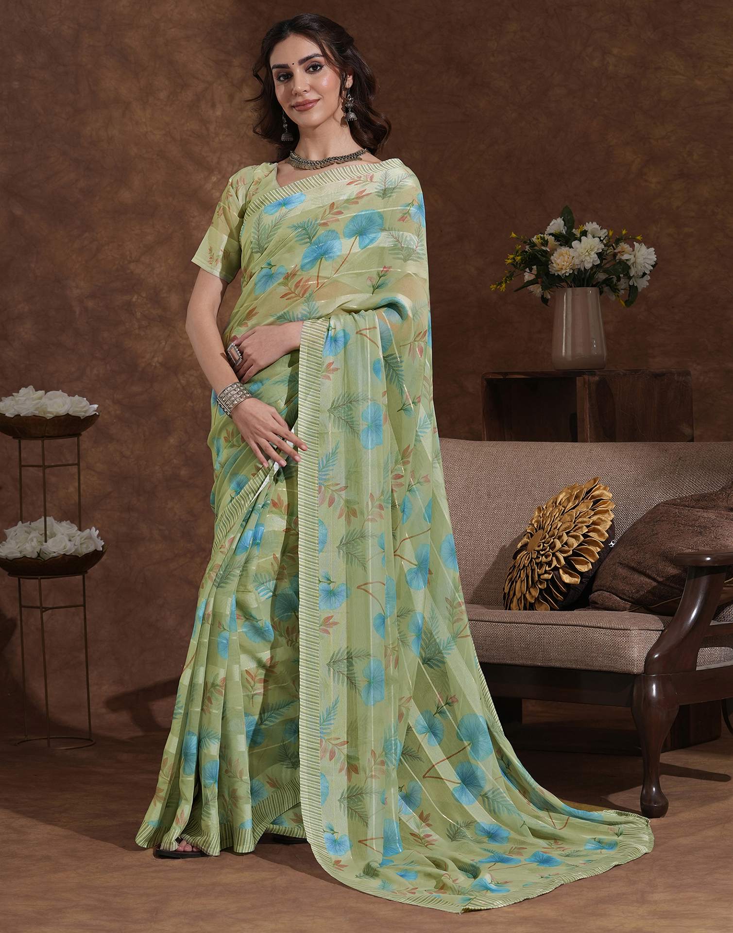 Pista Green Georgette Woven Printed Saree