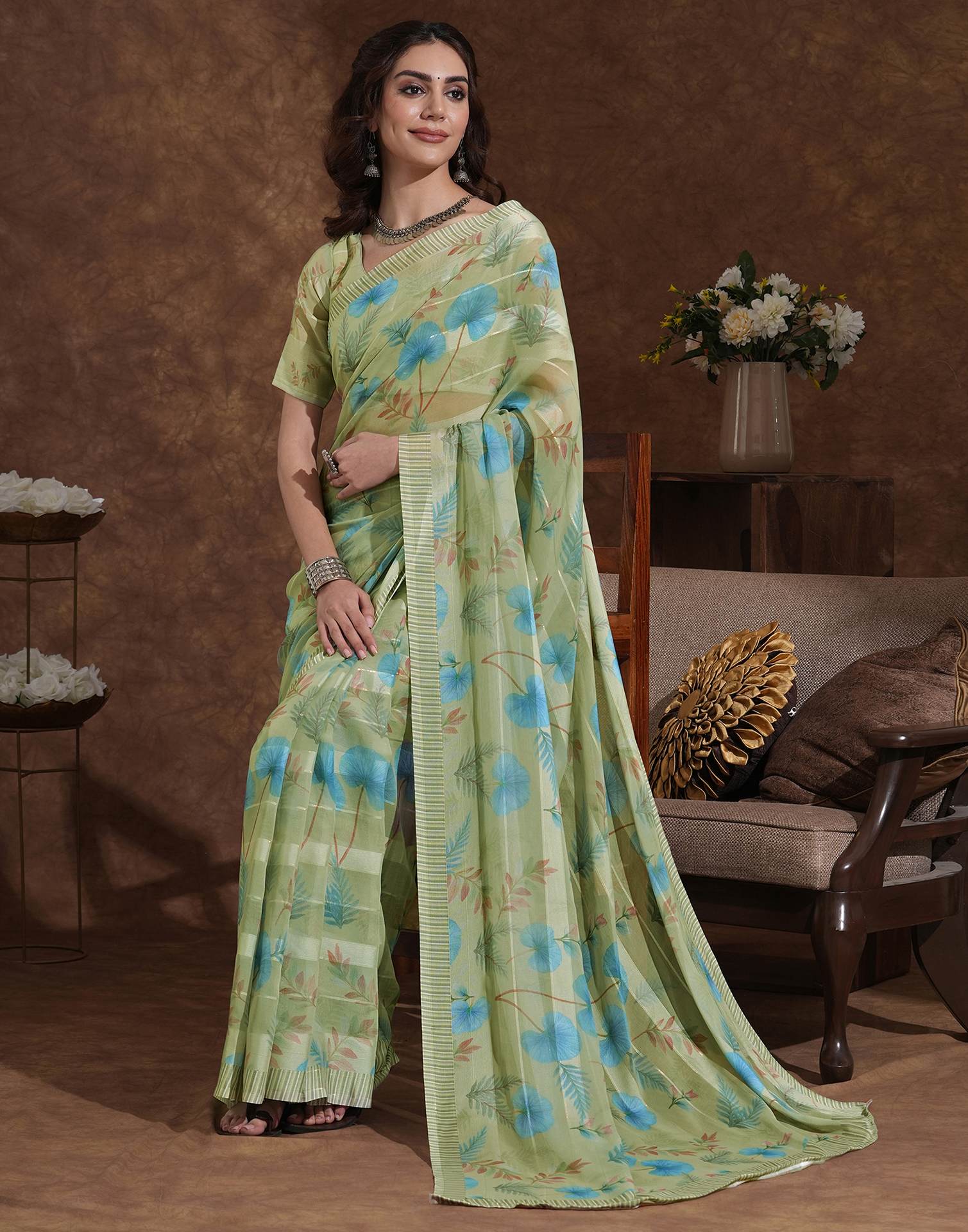 Pista Green Georgette Woven Printed Saree