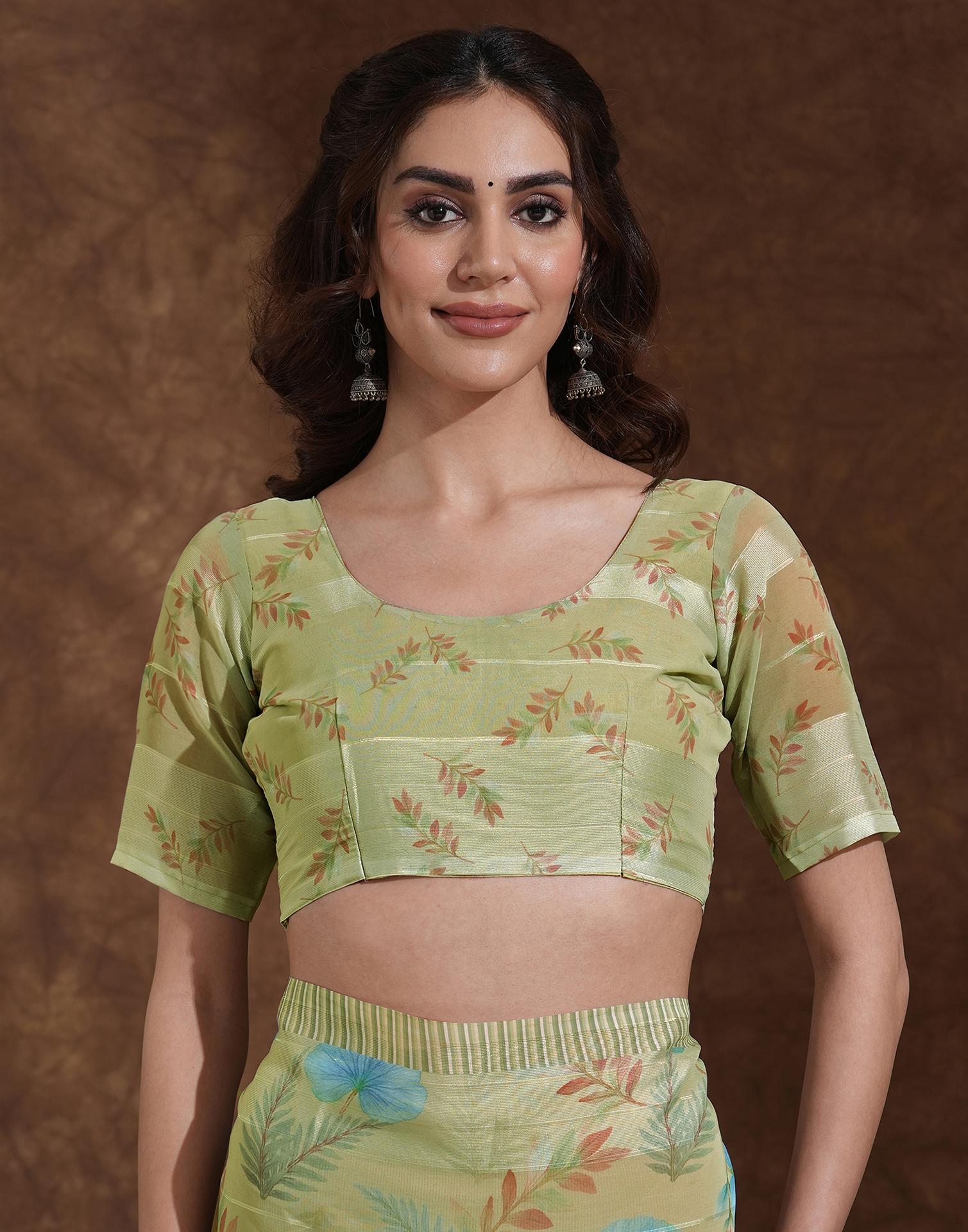 Pista Green Georgette Woven Printed Saree