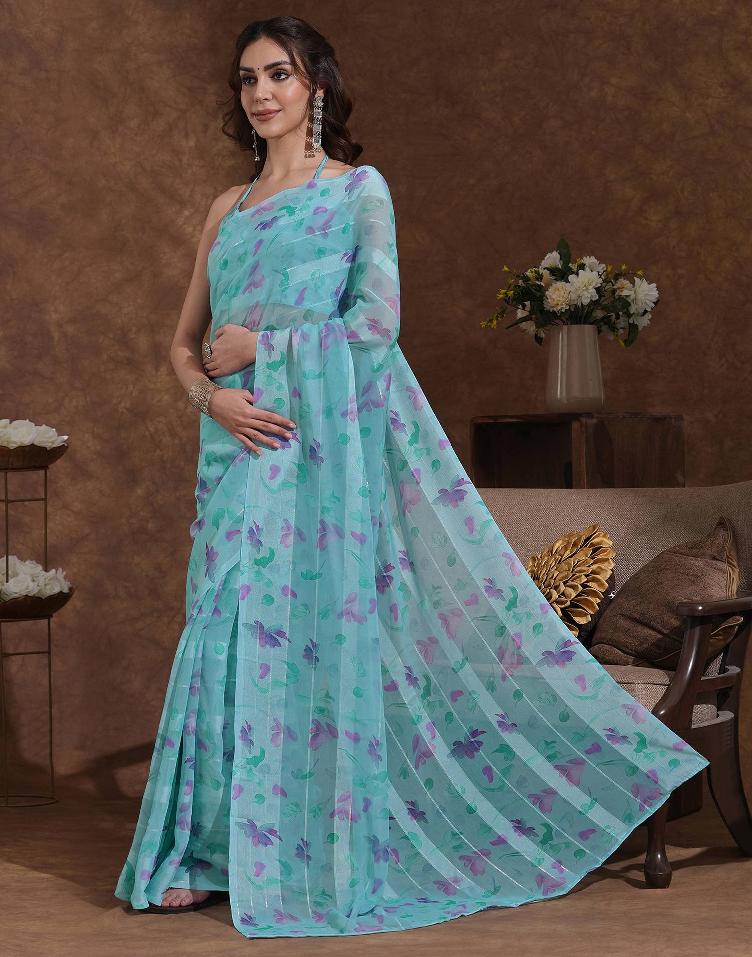 Light Turquoise Georgette Woven Printed Saree