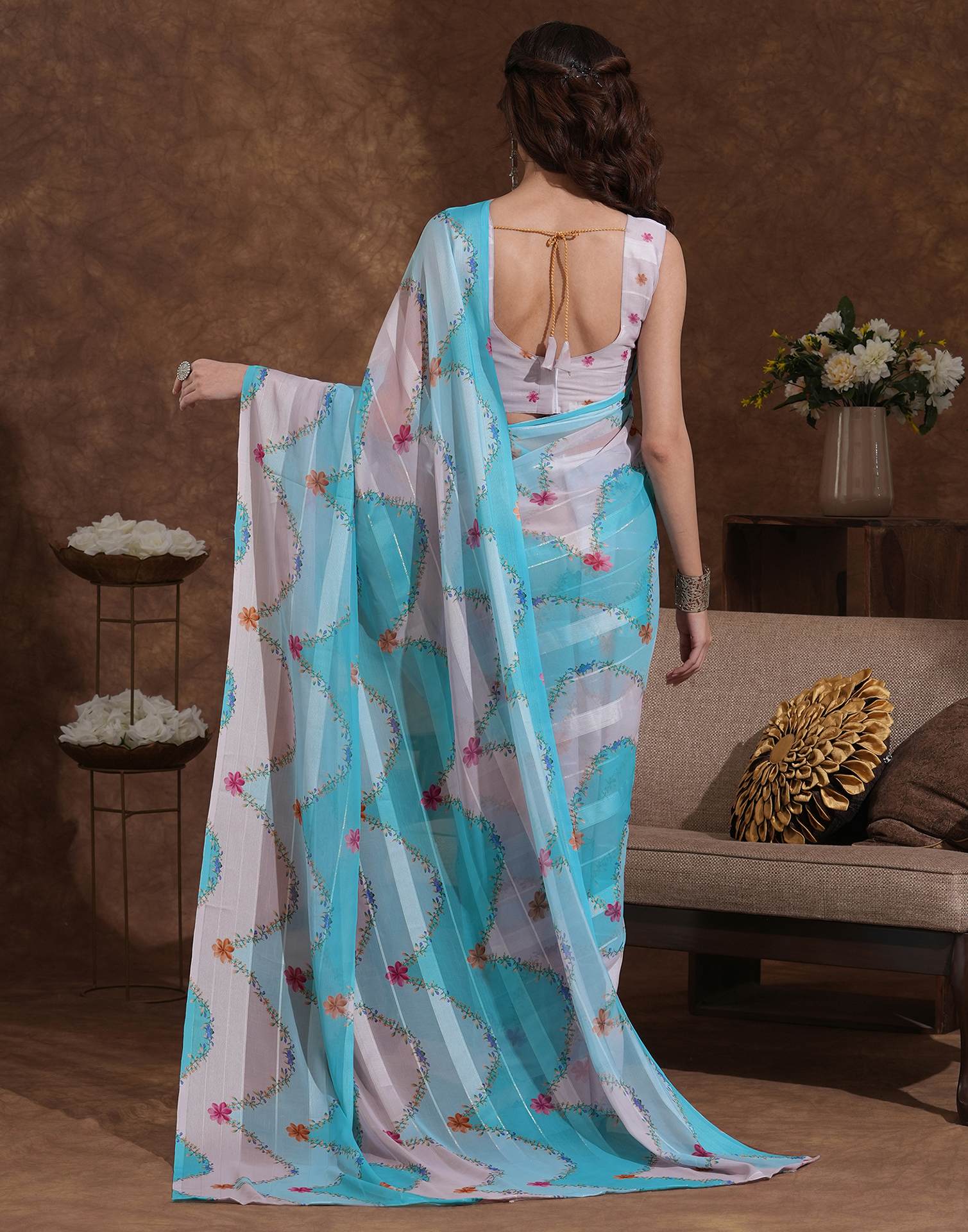 Beige Georgette Woven Printed Saree