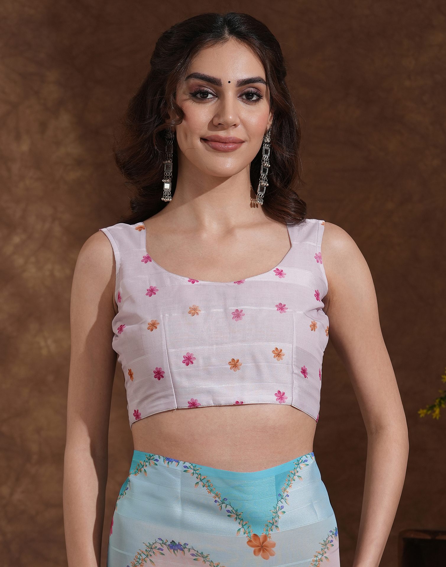 Beige Georgette Woven Printed Saree