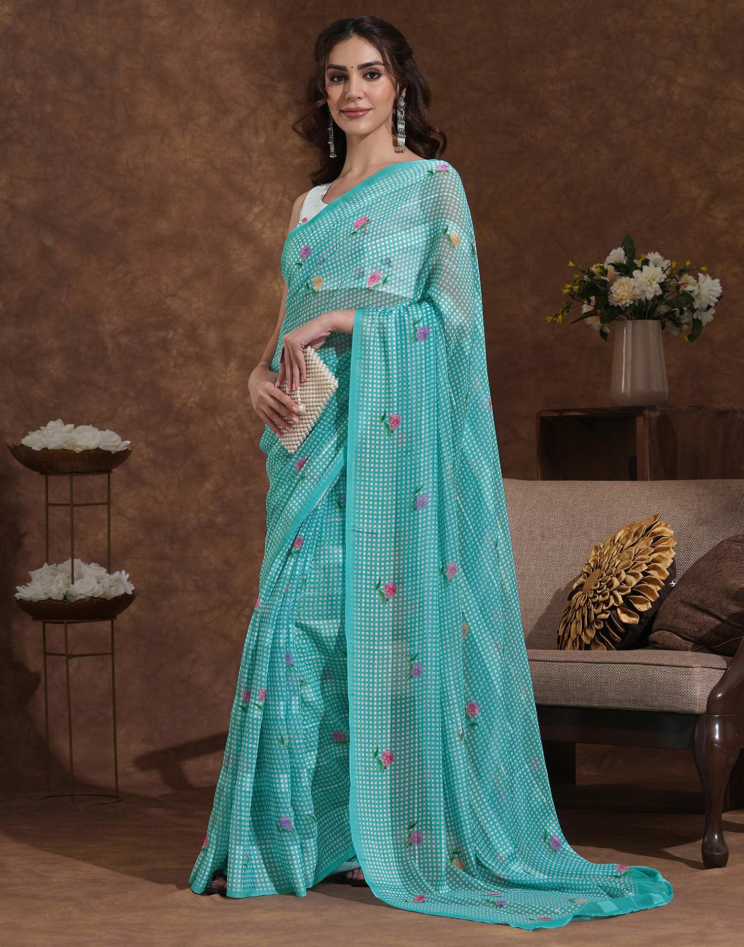 Light Turquoise Georgette Printed Saree