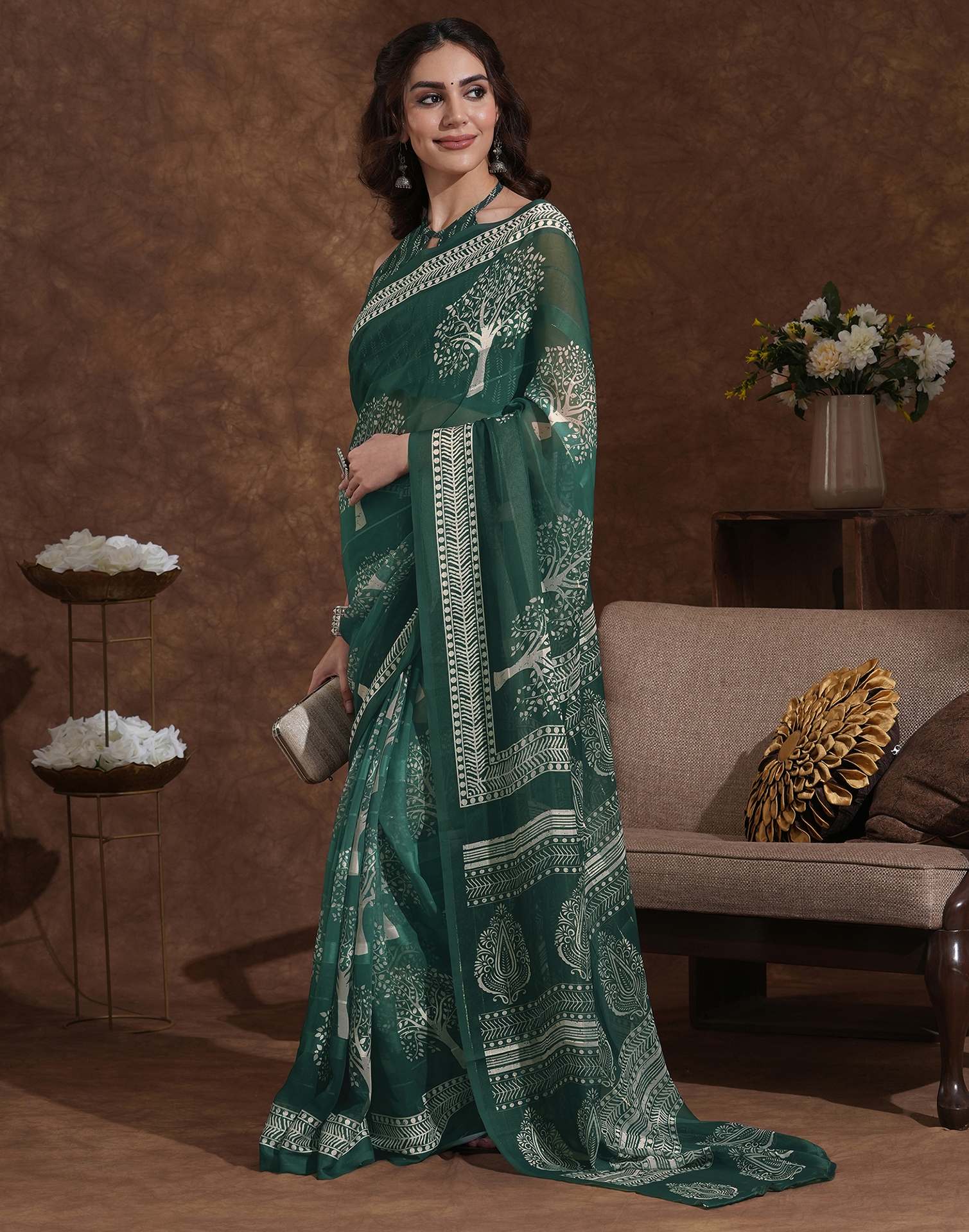 Dark Green Georgette Printed Saree