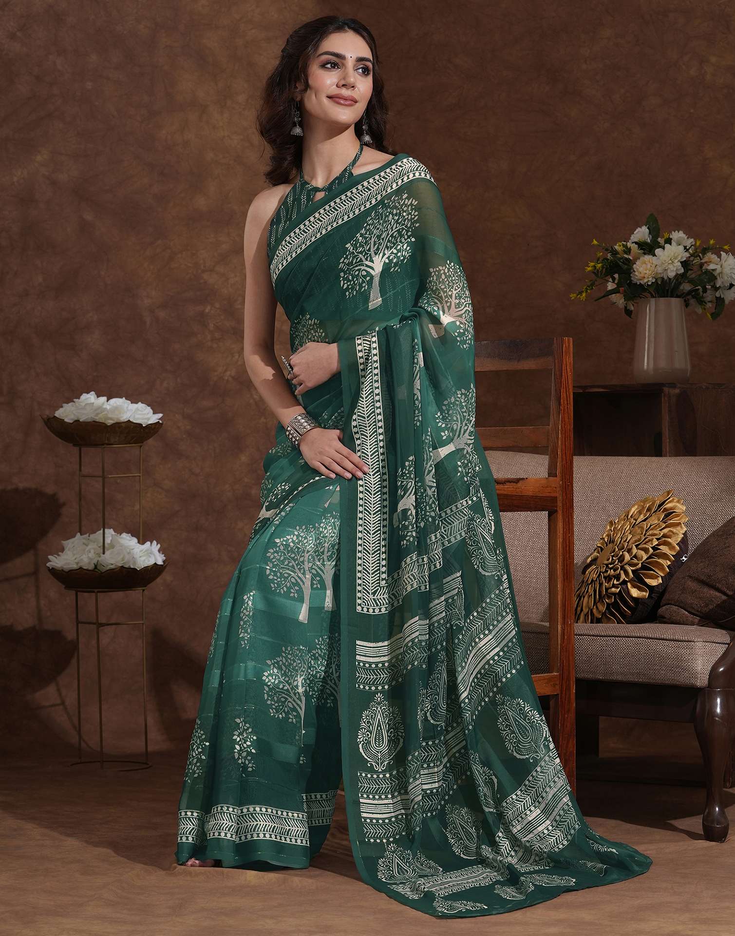 Dark Green Georgette Printed Saree