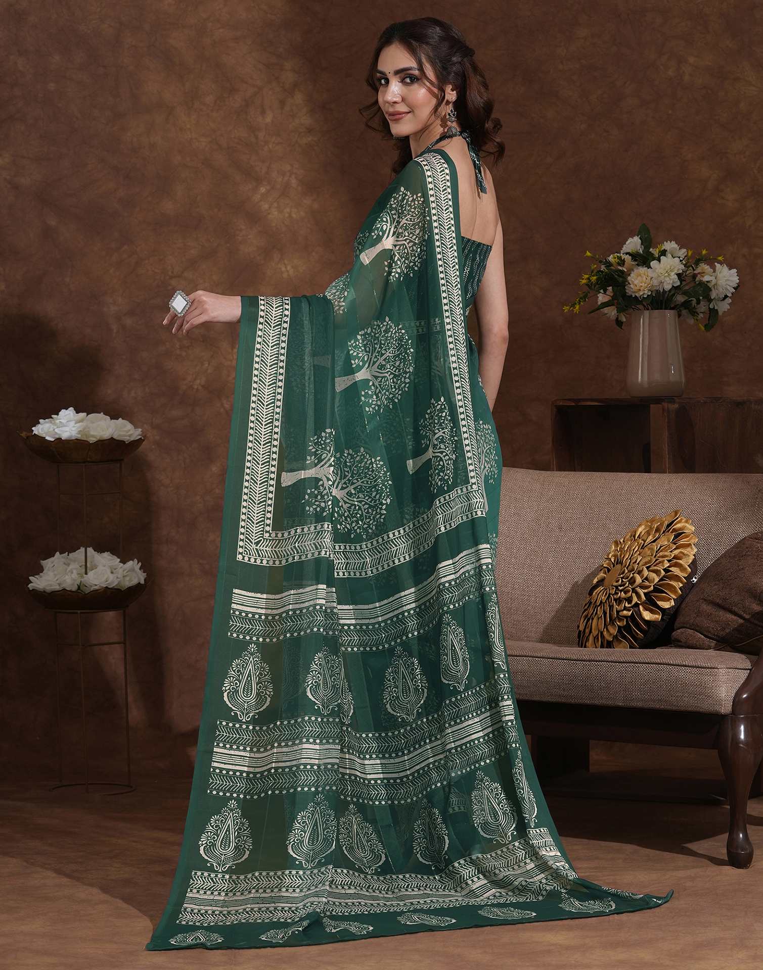 Dark Green Georgette Printed Saree
