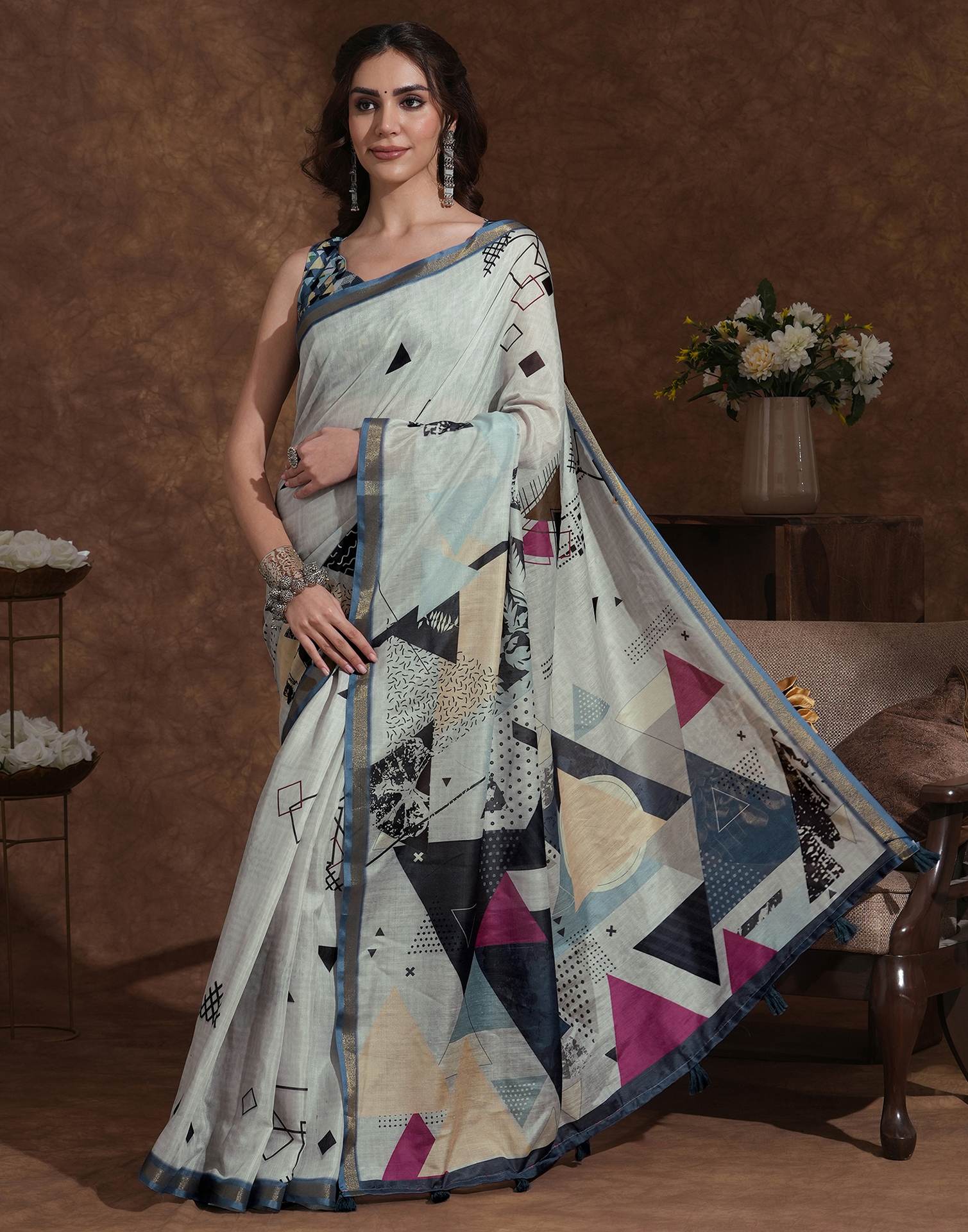 Dusty Beige Silk Printed Saree