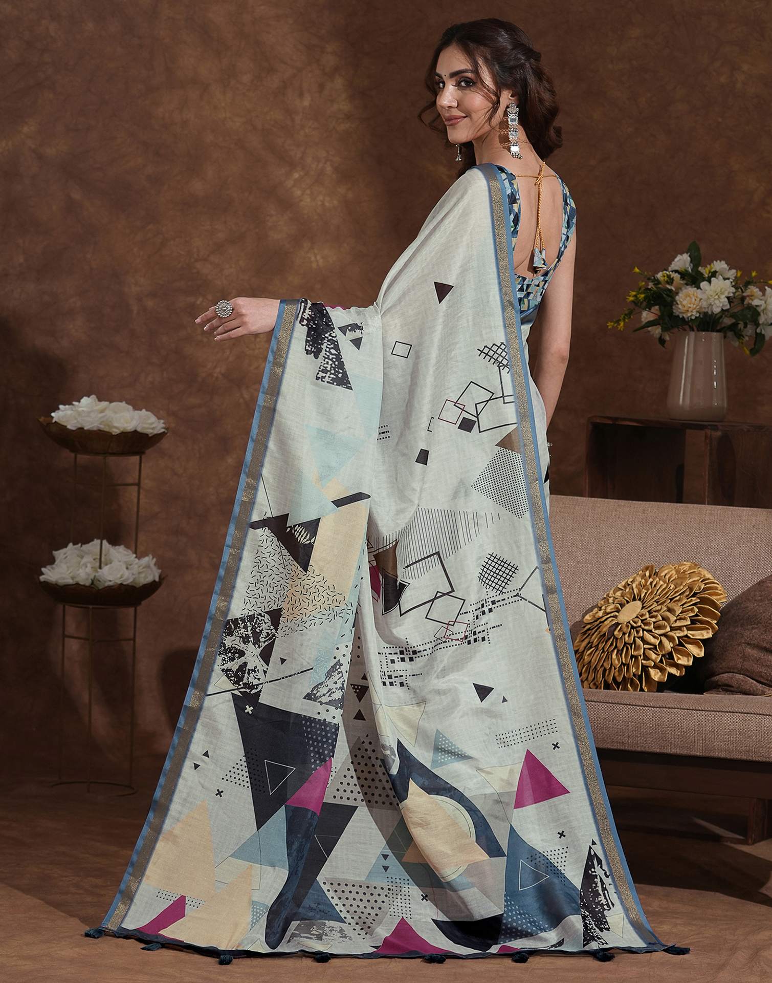 Dusty Beige Silk Printed Saree